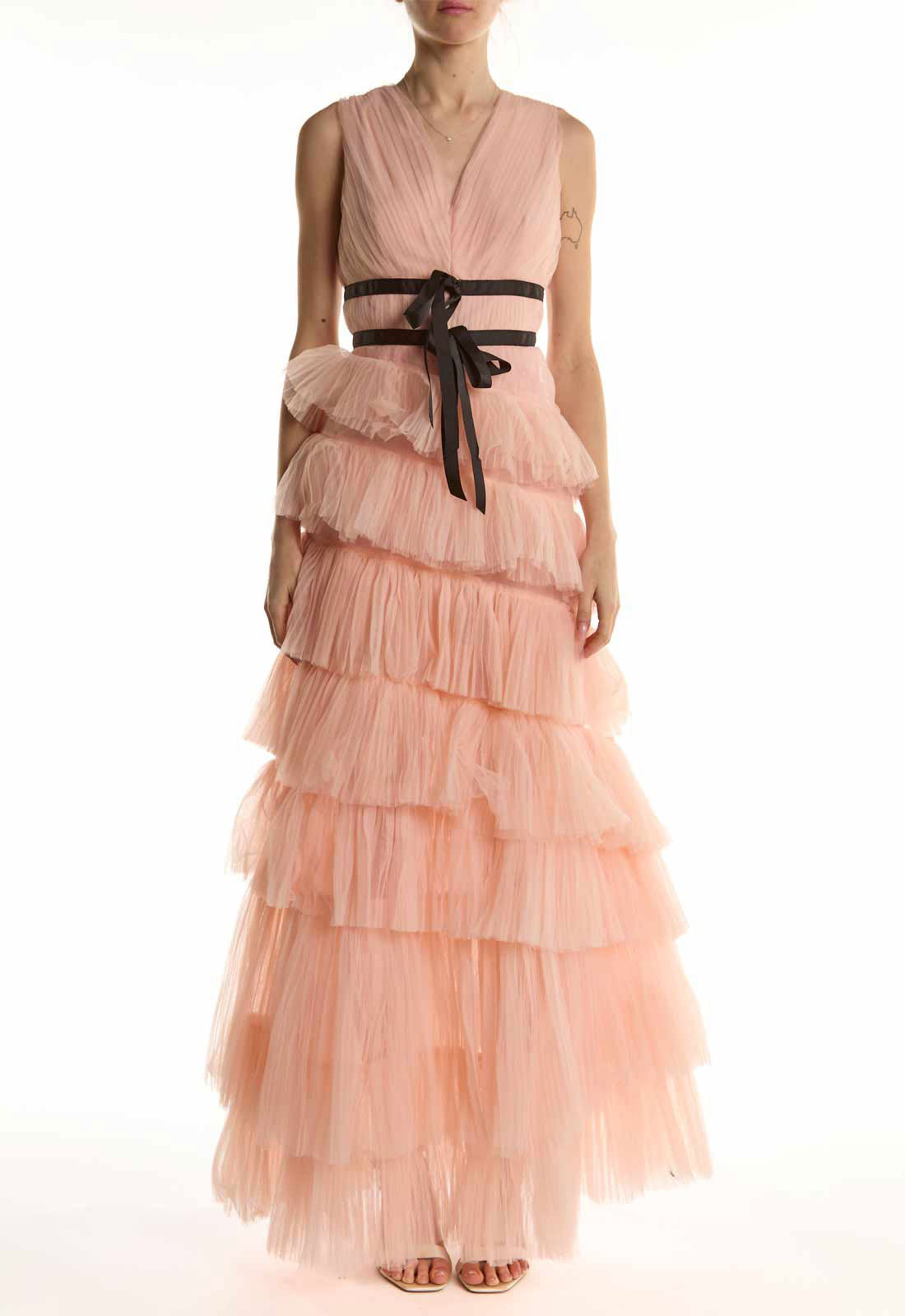 True Decadence Peachy Pink Tiered Dropped Waist Maxi Dress