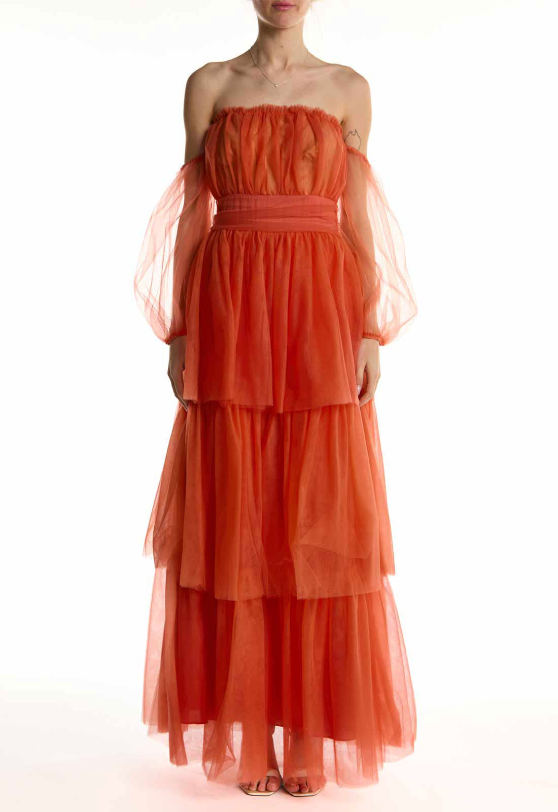 True Decadence Soft Rust Bardot Tiered Maxi Dress