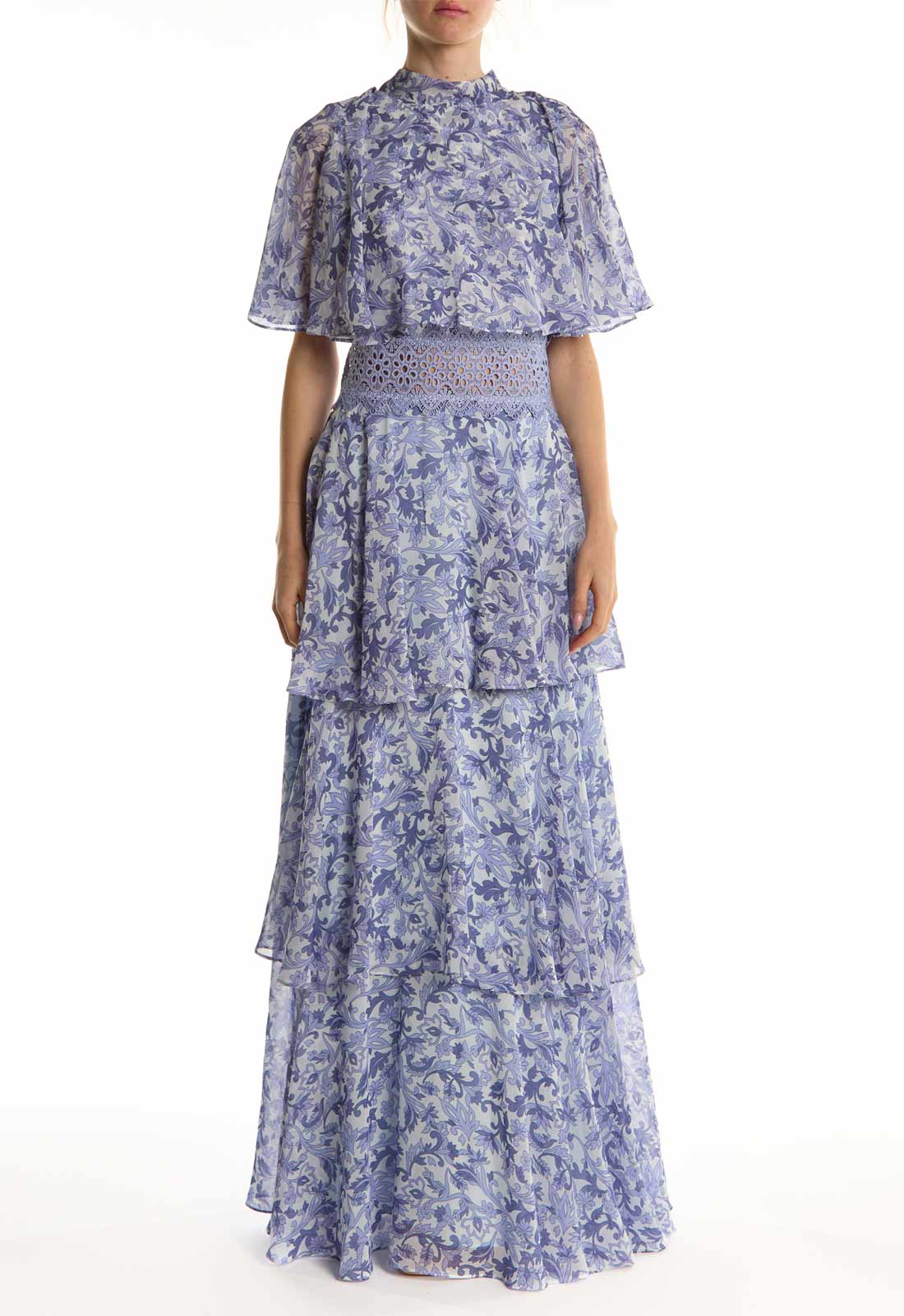 True Decadence Blue Folk Floral Ruffle Trim Maxi Dress