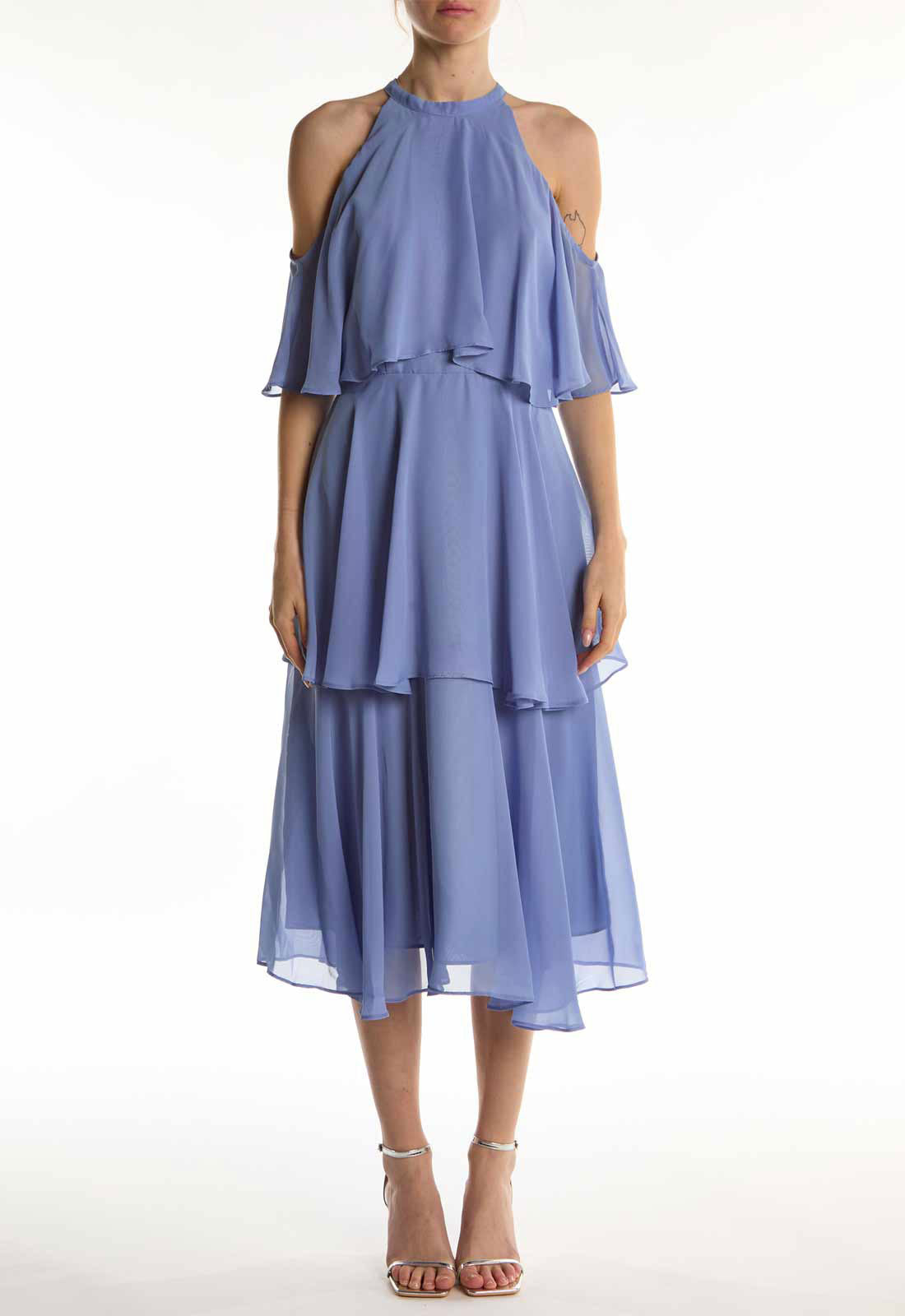 True Decadence Mid Blue High-Neck Ruffle Midi Dress
