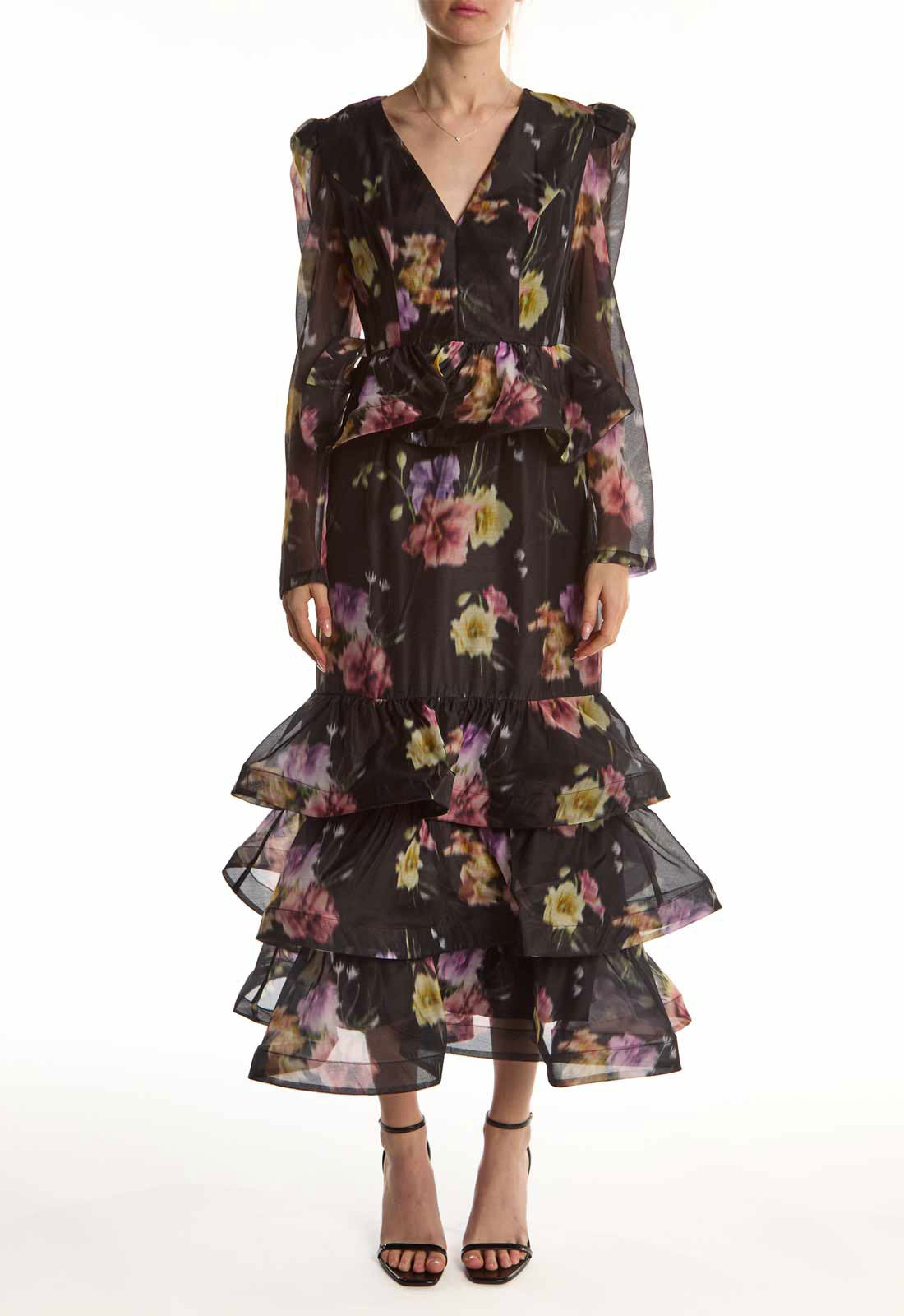 True Decadence Black Blur Flower Peplum Ruffle Midi Dress