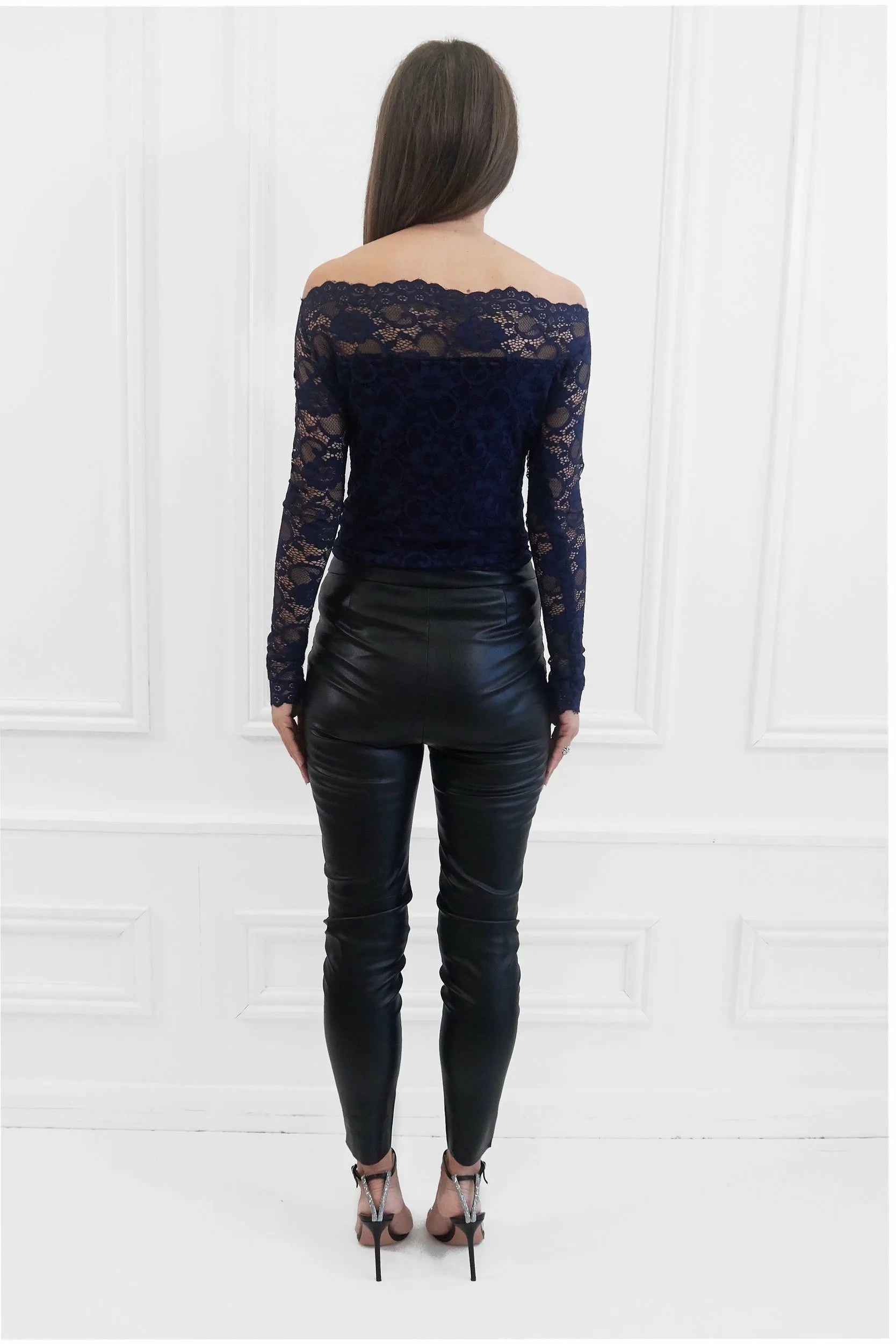 Honor Gold Addison Navy Bardot Lace Top With Extra Long Sleeves