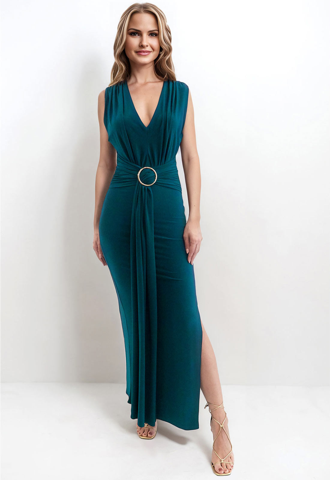 Honor Gold Green Amor Plunge Front Maxi Dress