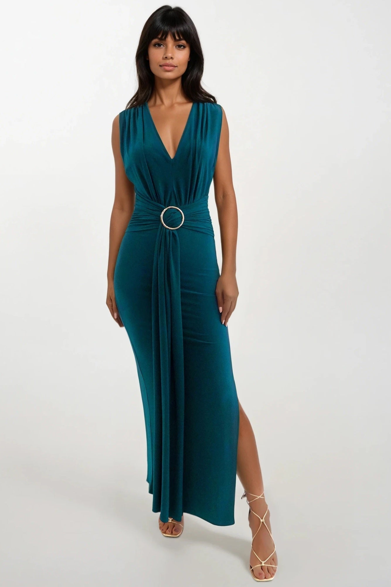 Honor Gold Green Amor Plunge Front Maxi Dress