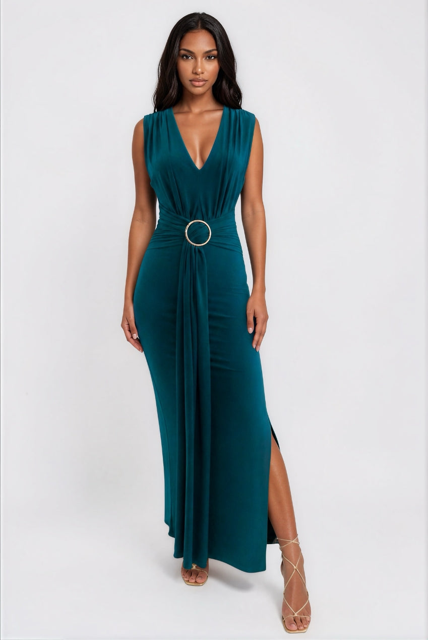 Honor Gold Green Amor Plunge Front Maxi Dress
