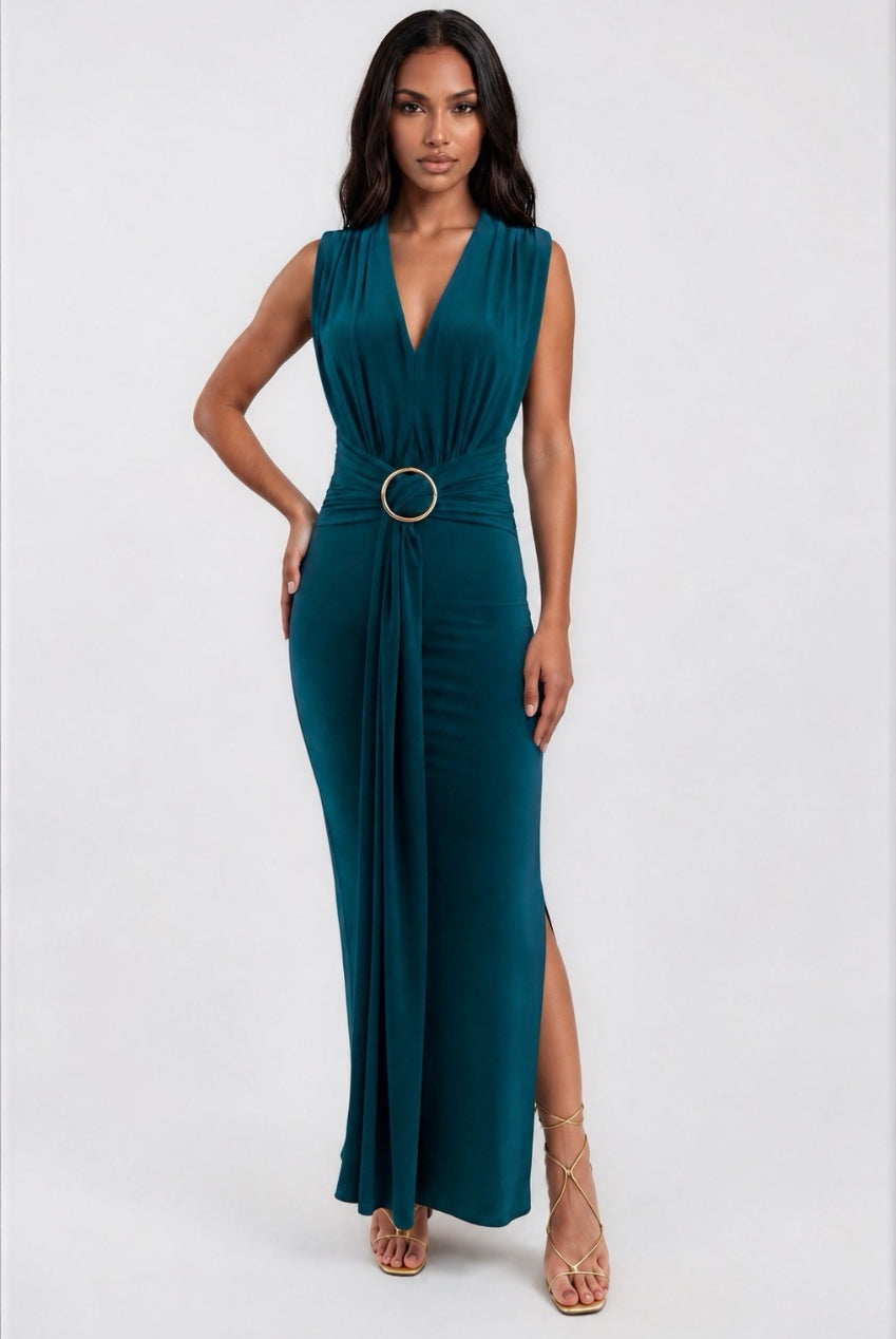 Amor Green V Front Maxi Dress With Front Sash - Detail View | Honor Gold