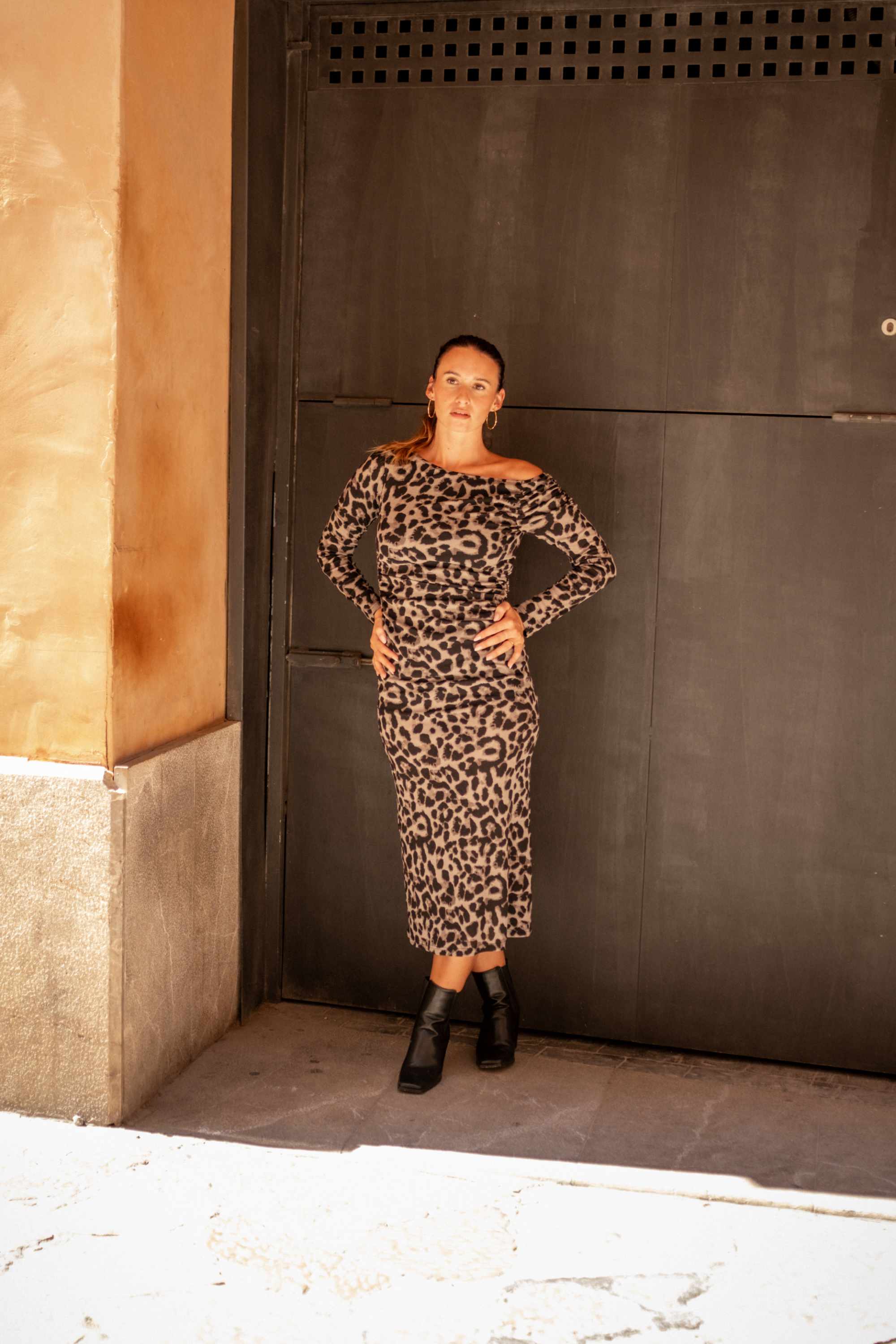 Gini London Grey Animal Jersey Animal One Shoulder Midi Dress