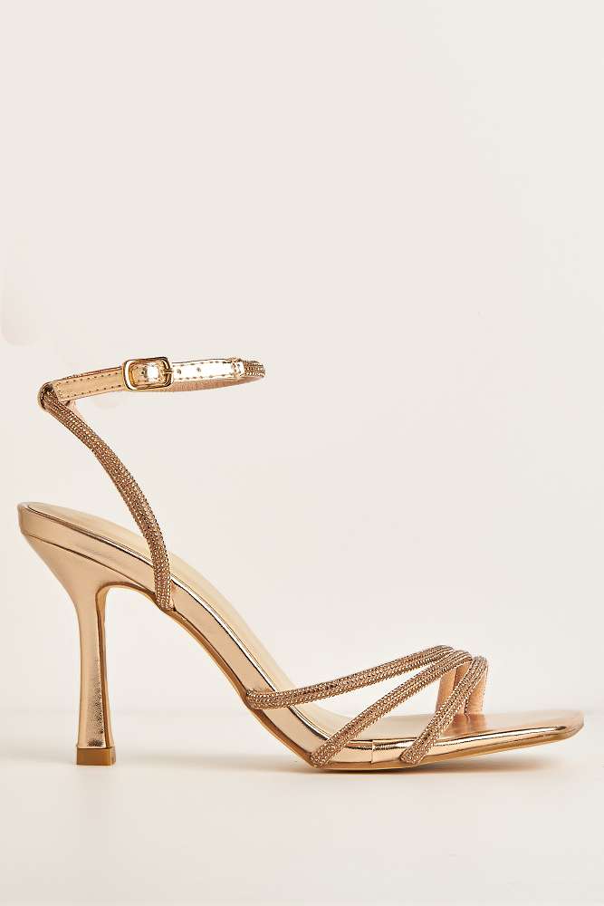 Camina Diamante Embellished 3 Strap Heeled Sandals in Champagne