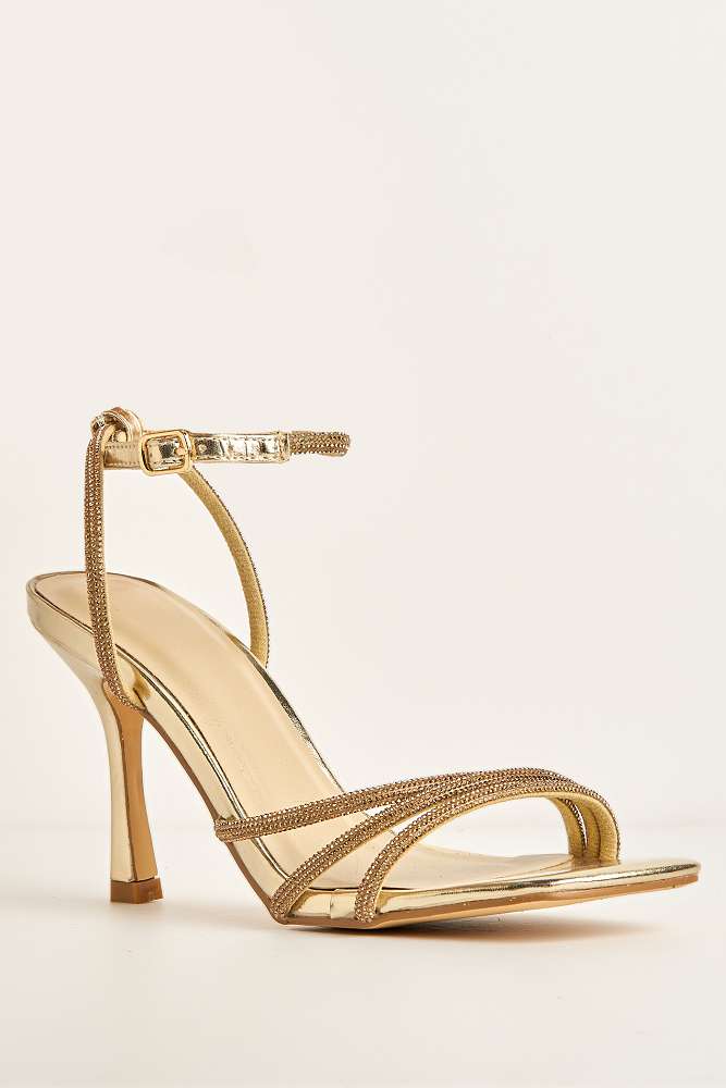 Miss Diva Gold Camina Diamante Embellished 3 Strap Heels