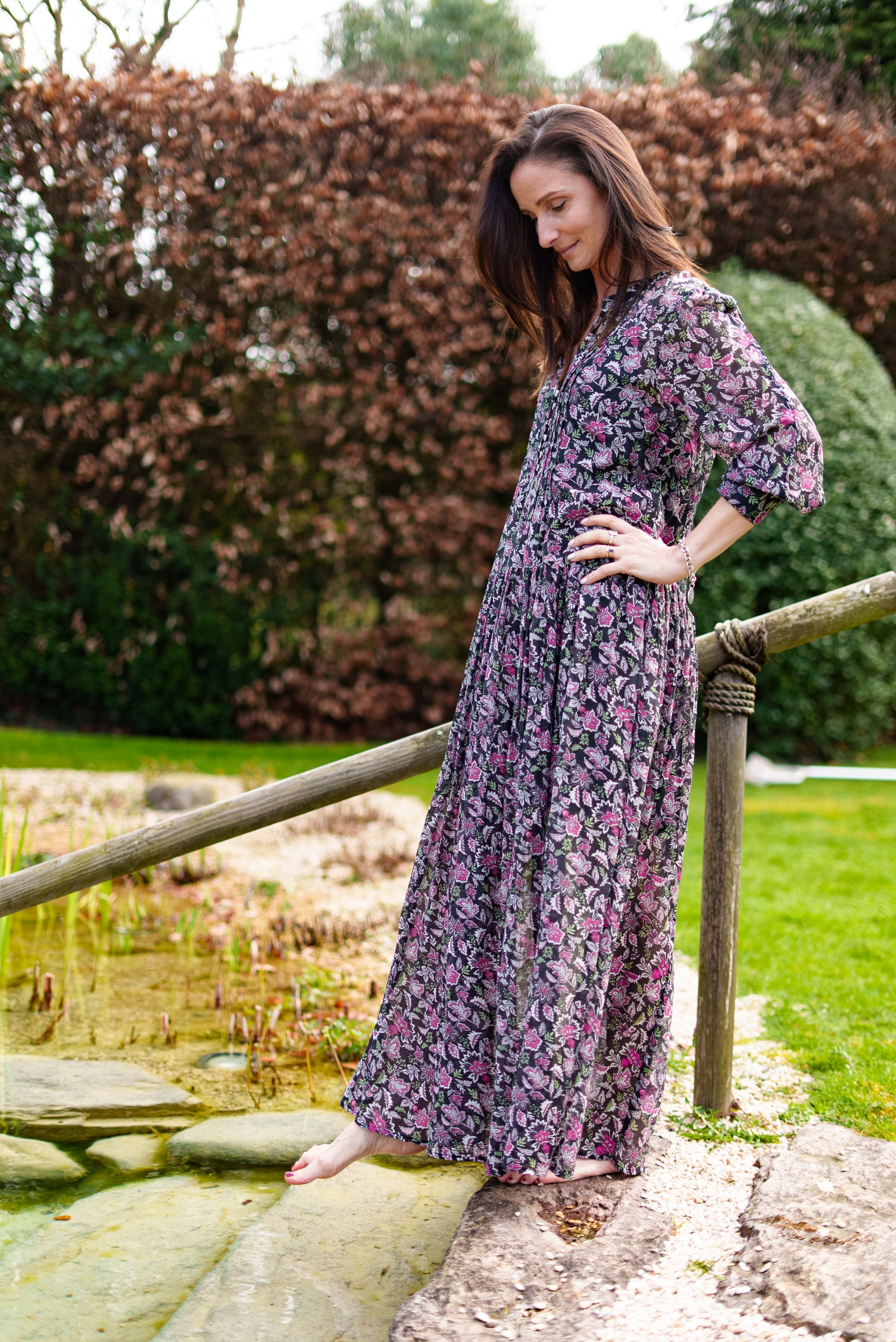 Soul Of Sita Inky Black Cotton / Silk Maxi Dress In Beautiful Floral Print With Separate Cotton Vest Under Garment. Side Pockets.