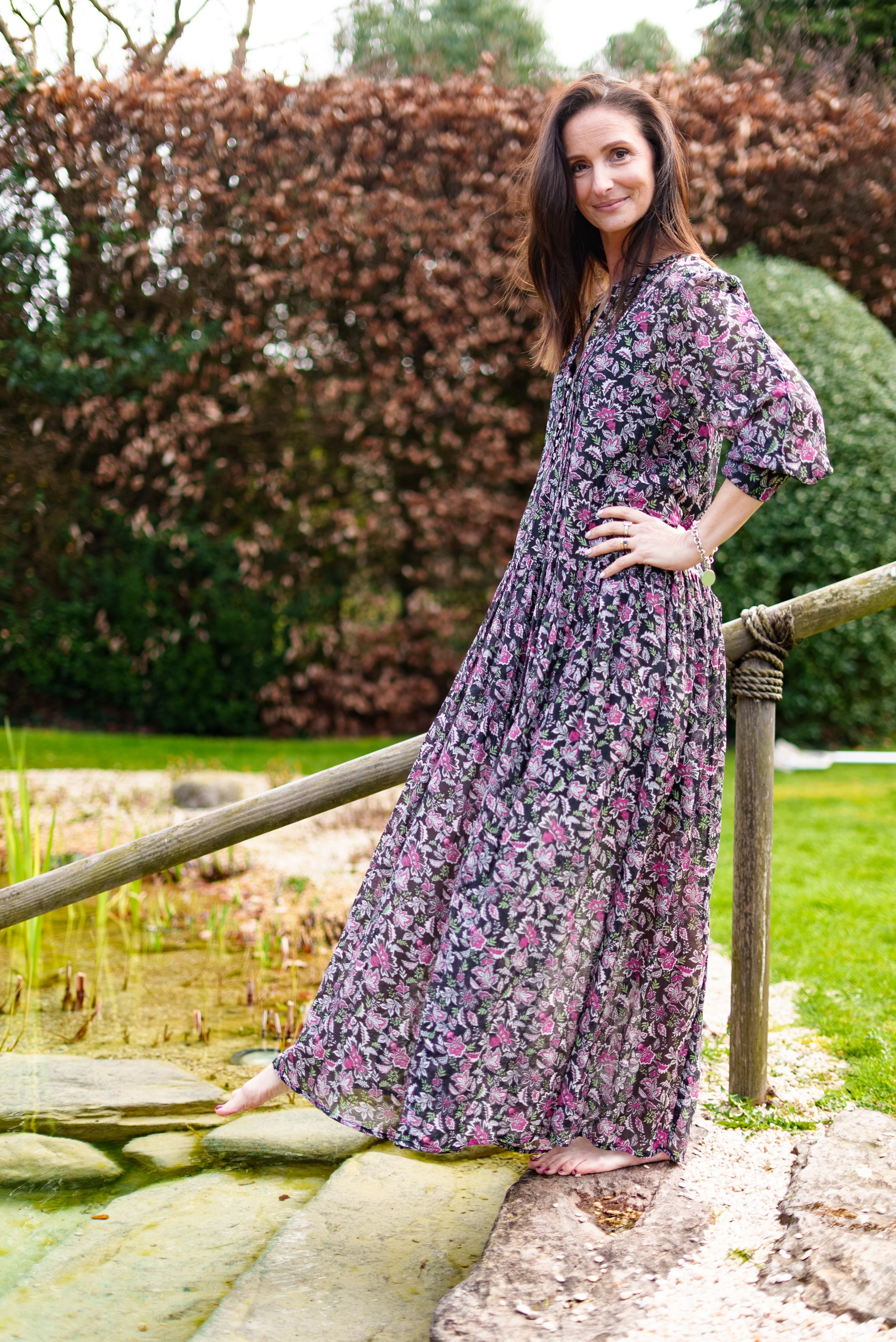 Soul Of Sita Inky Black Cotton / Silk Maxi Dress In Beautiful Floral Print With Separate Cotton Vest Under Garment. Side Pockets.