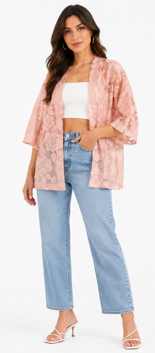 Gini London Pink Floral Lace Open Front Kimono Cardigan