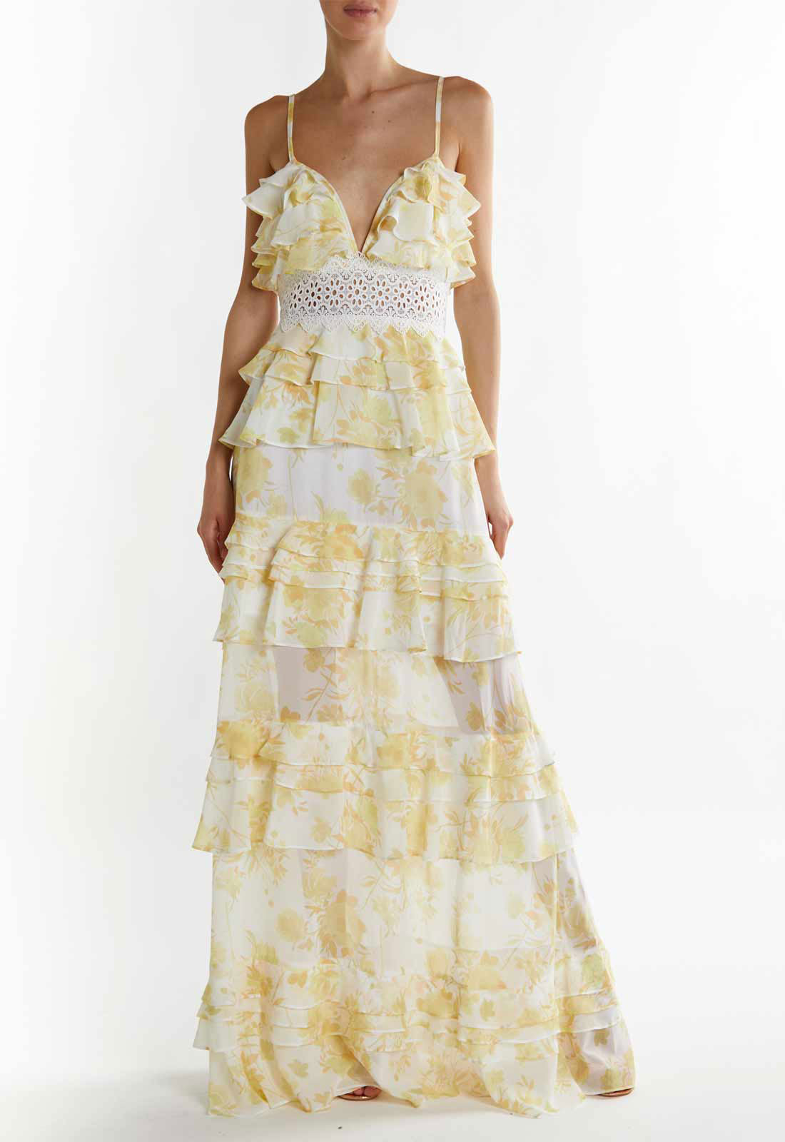 True Decadence Yellow Watercolour-Floral Sophia Plunge Front Tiered Ruffle Maxi Dress