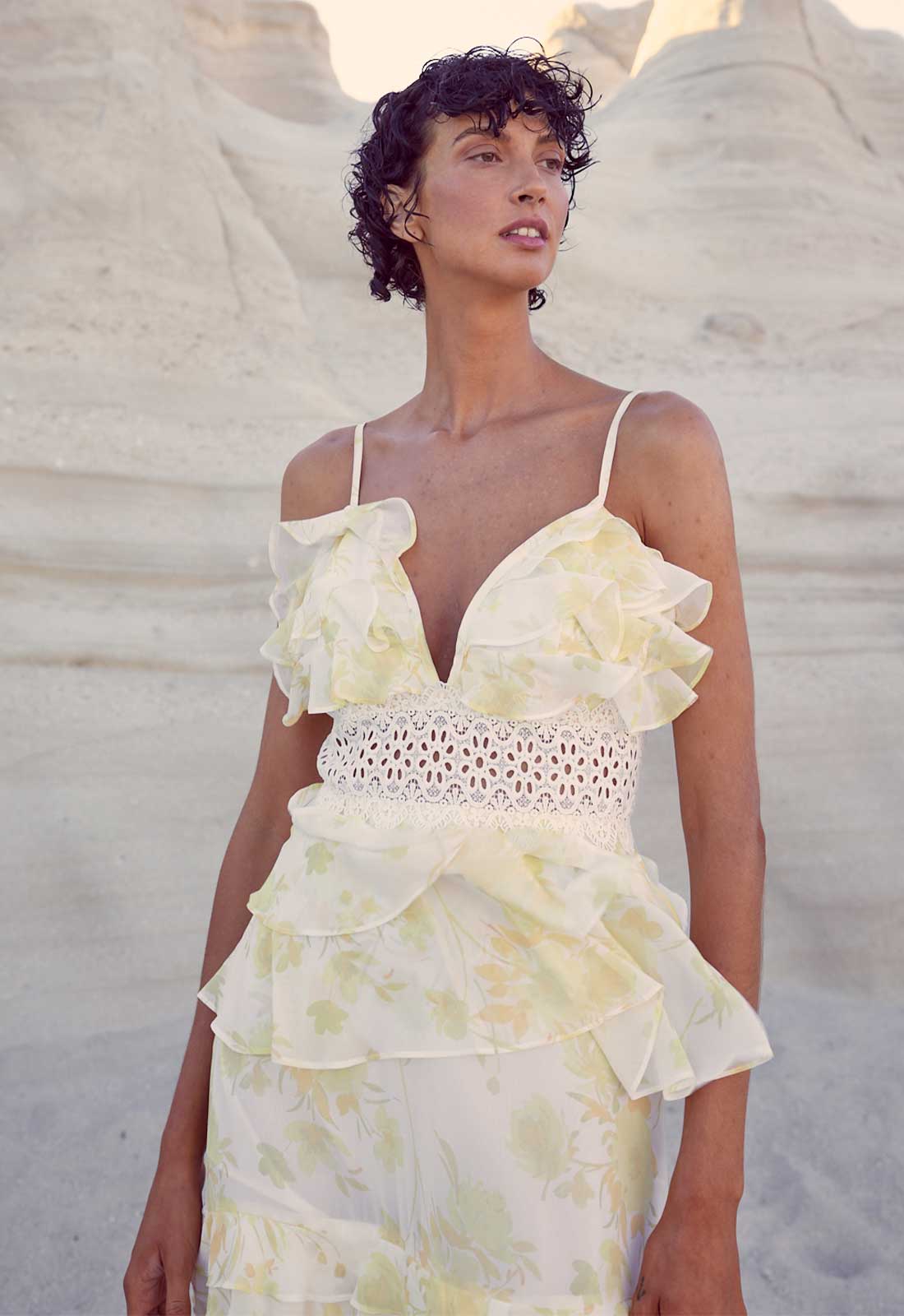 True Decadence Cream Sophia Plunge Front Tiered Ruffle Maxi Dress