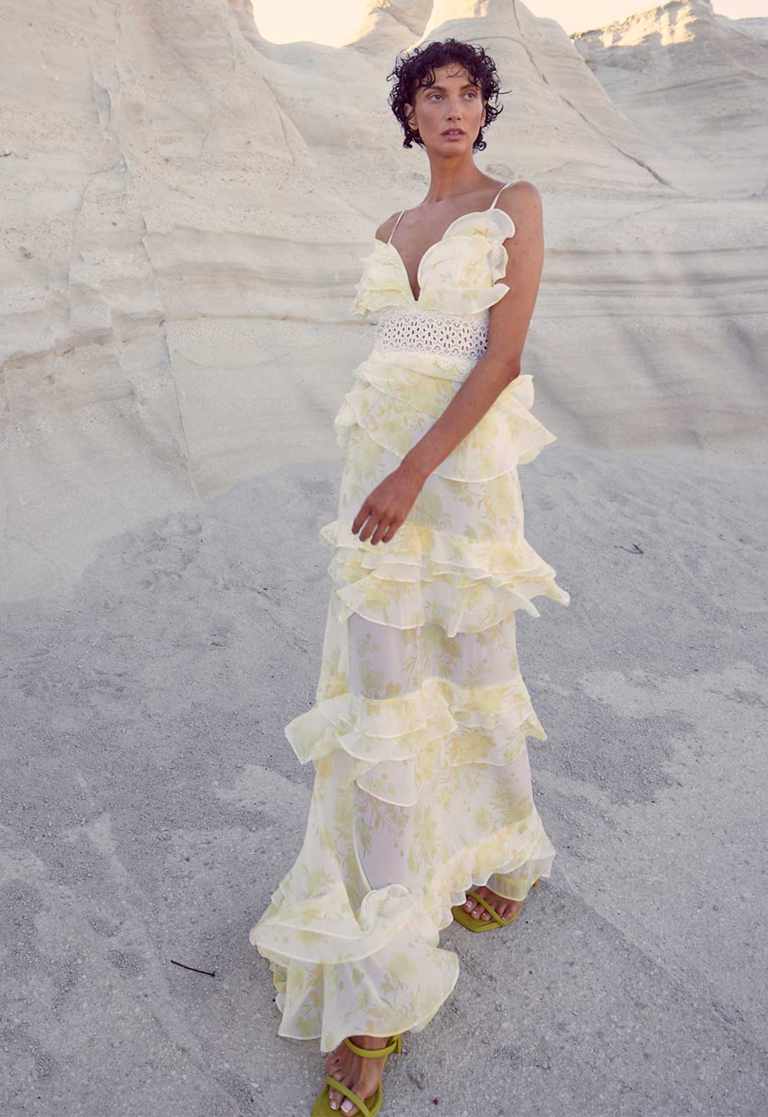 True Decadence Cream Sophia Plunge Front Tiered Ruffle Maxi Dress