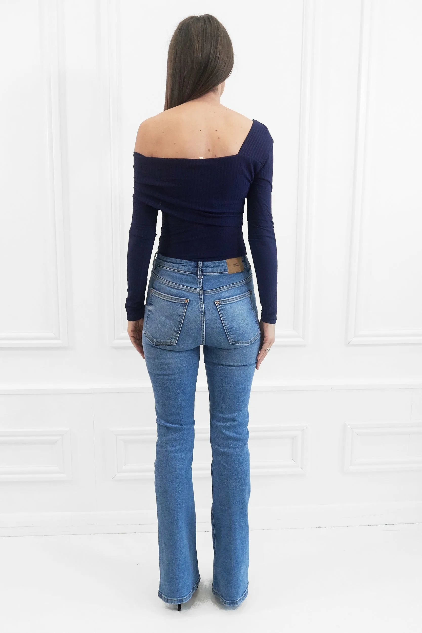 Honor Gold Clara Navy Ribbed Off The Shoulder Asymmetrical Top
