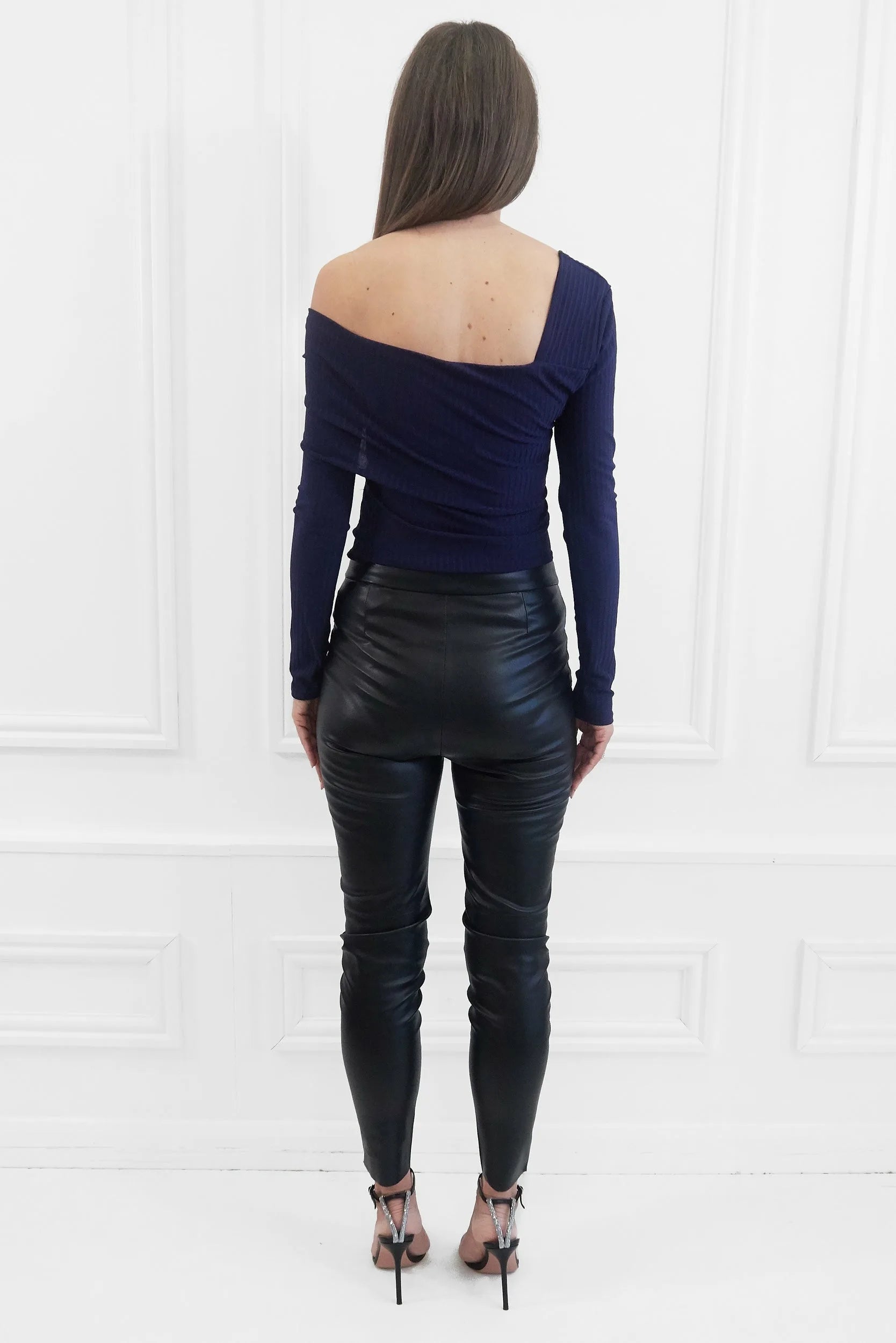 Honor Gold Clara Navy Ribbed Off The Shoulder Asymmetrical Top