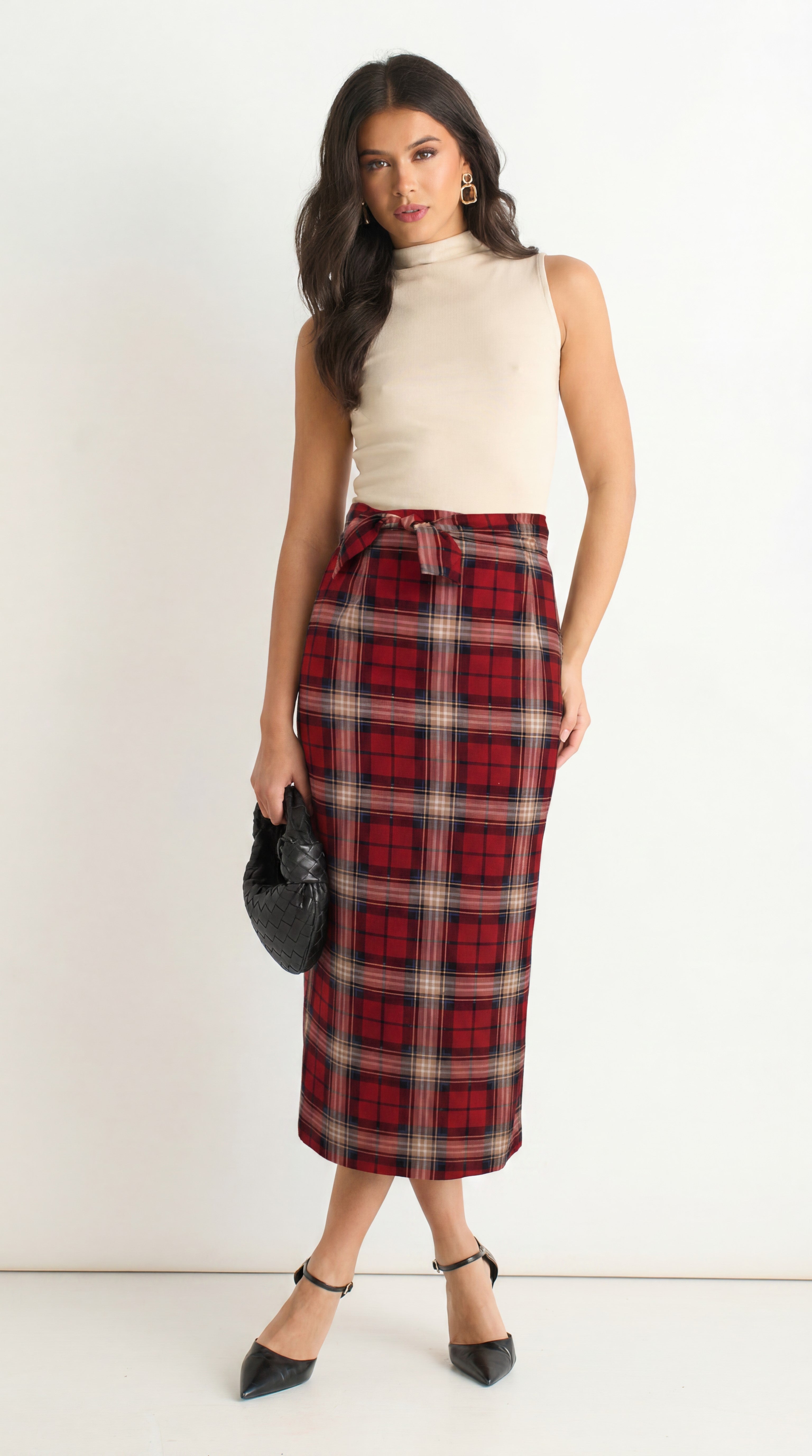 Gini London Red Check High Waist Midi Skirt