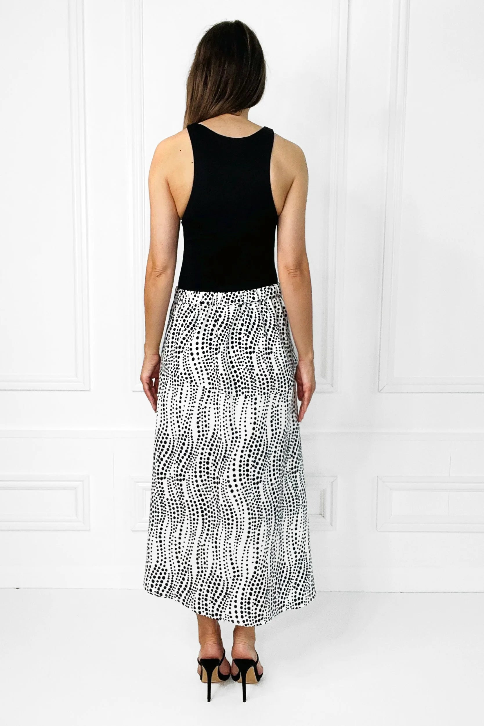 Honor Gold Eden Black & White Polka Dot Midi Skirt With An Asymmetrical Hemline