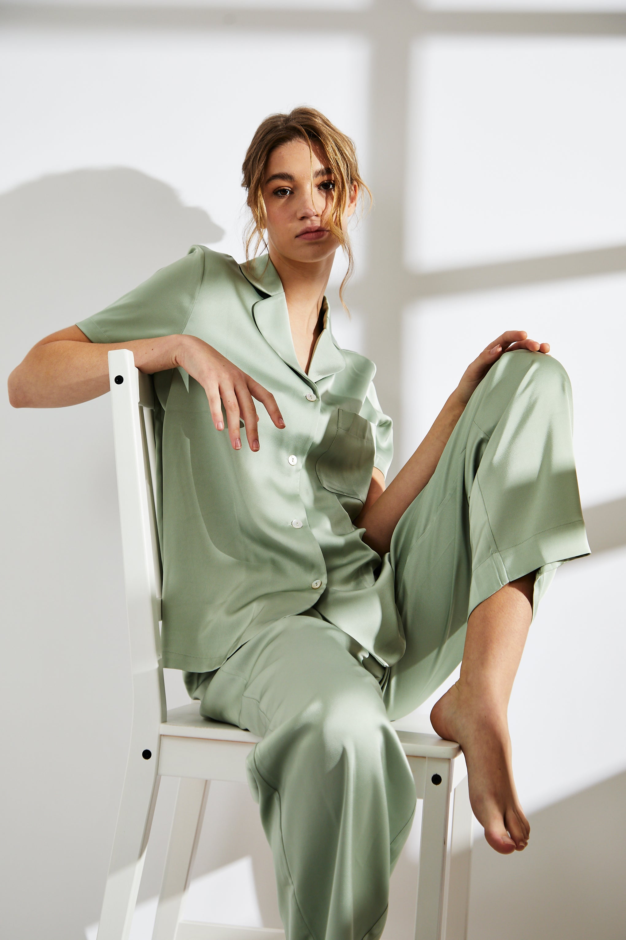 Sage Green Satin Pyjama Set-image-3