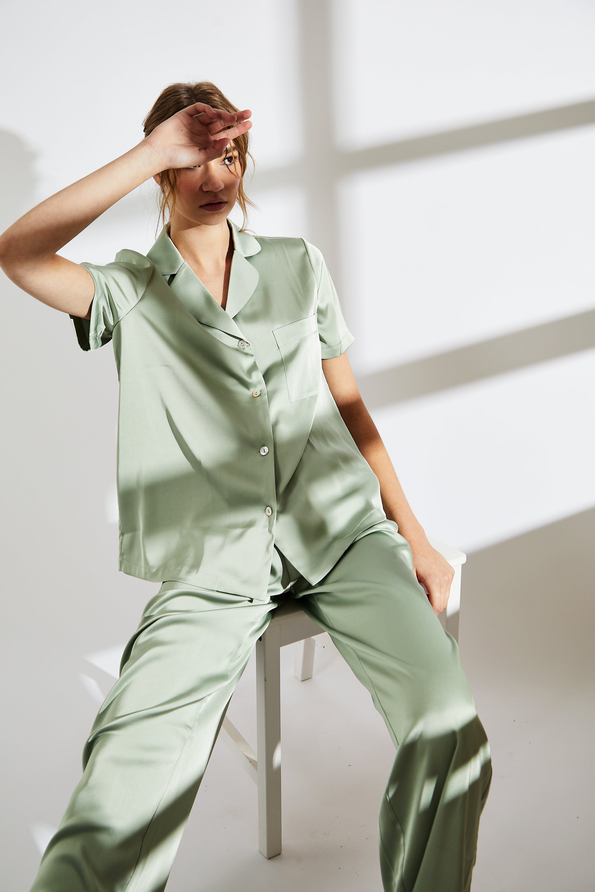 Sage Green Satin Pyjama Set-image-2