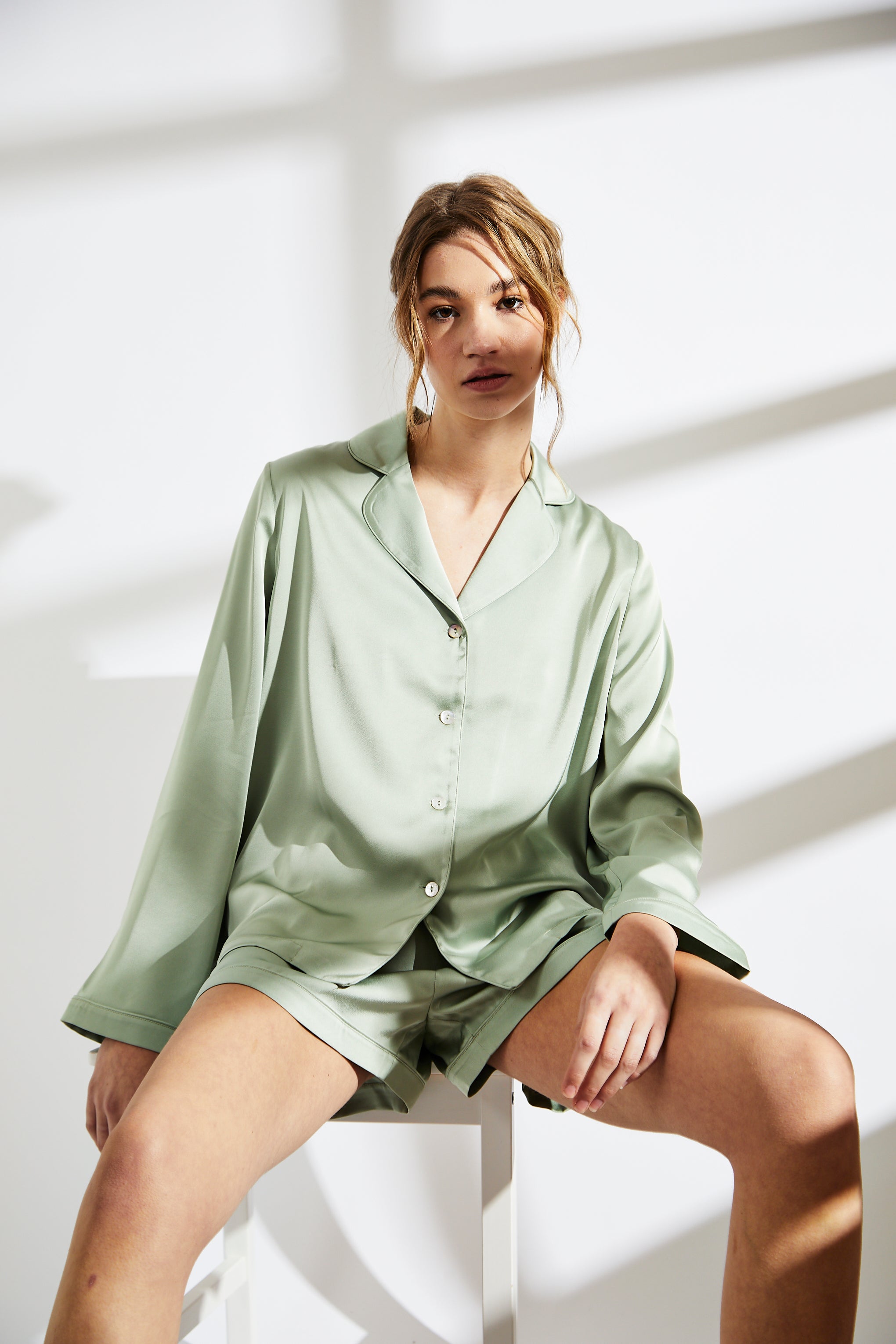 Sage Green Trim Short Satin Pyjama Set-image-1