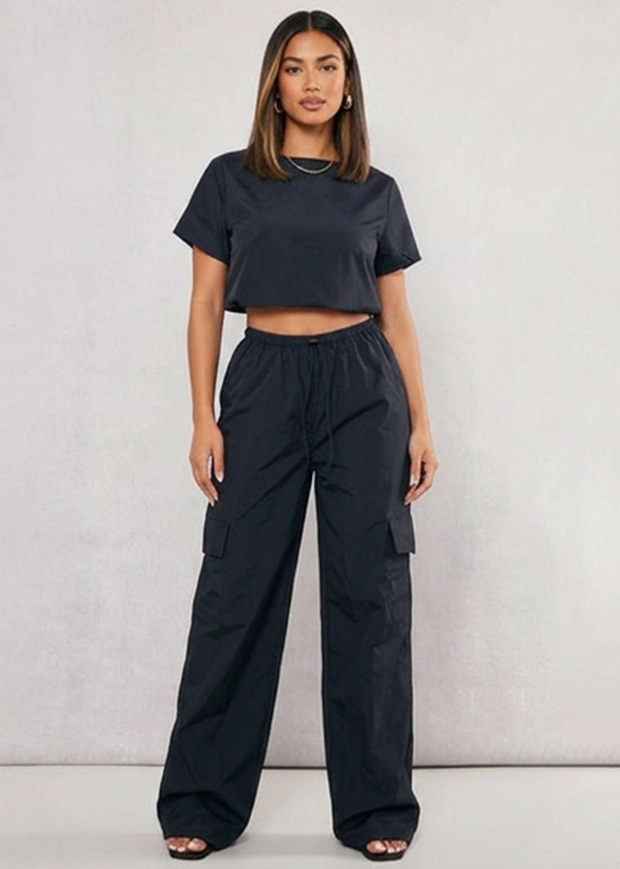 Gini London Black Wide Leg Cargo Trousers
