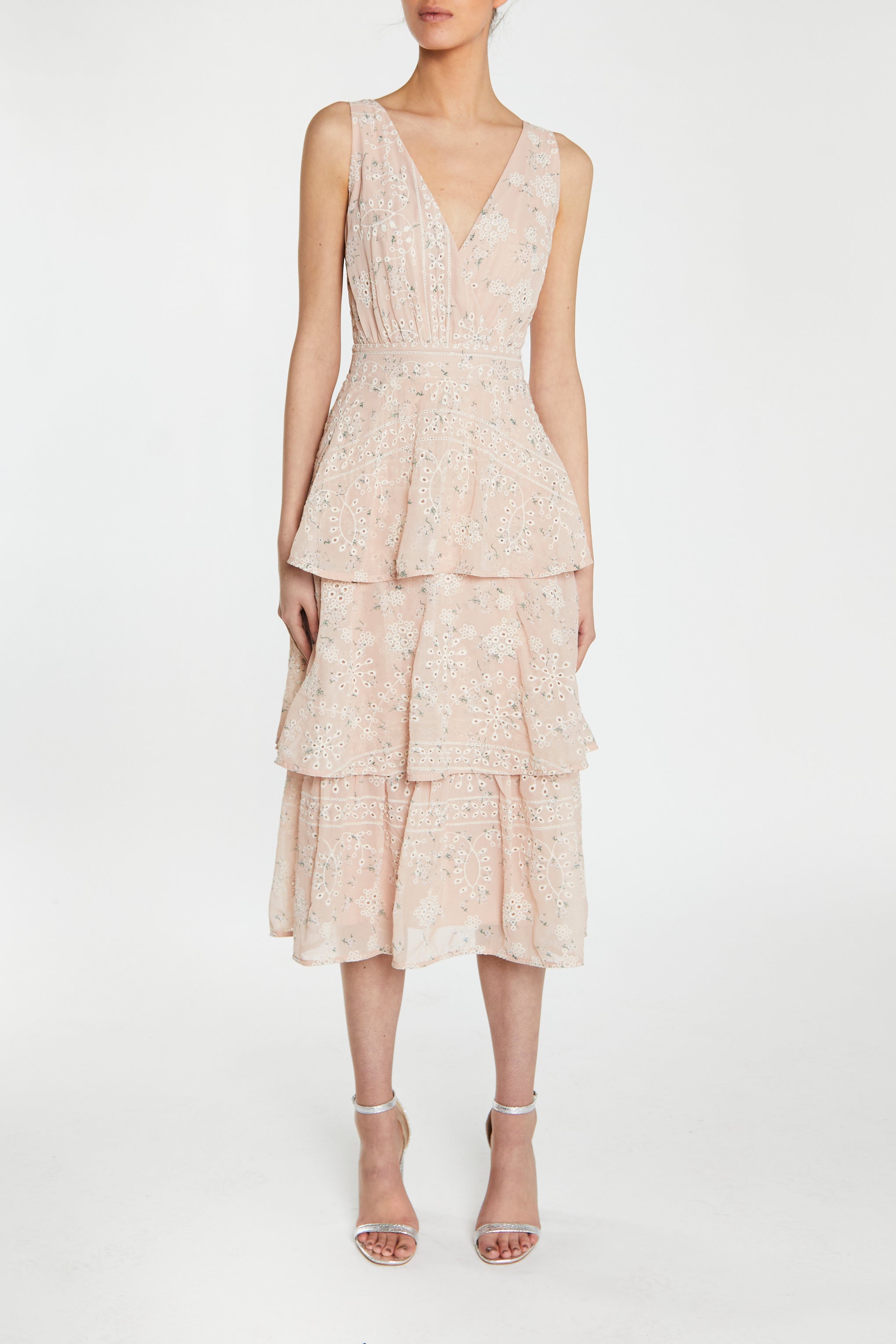 Clara Nude-Floral Broderie Bow Back Tiered Midi Dress-image-1
