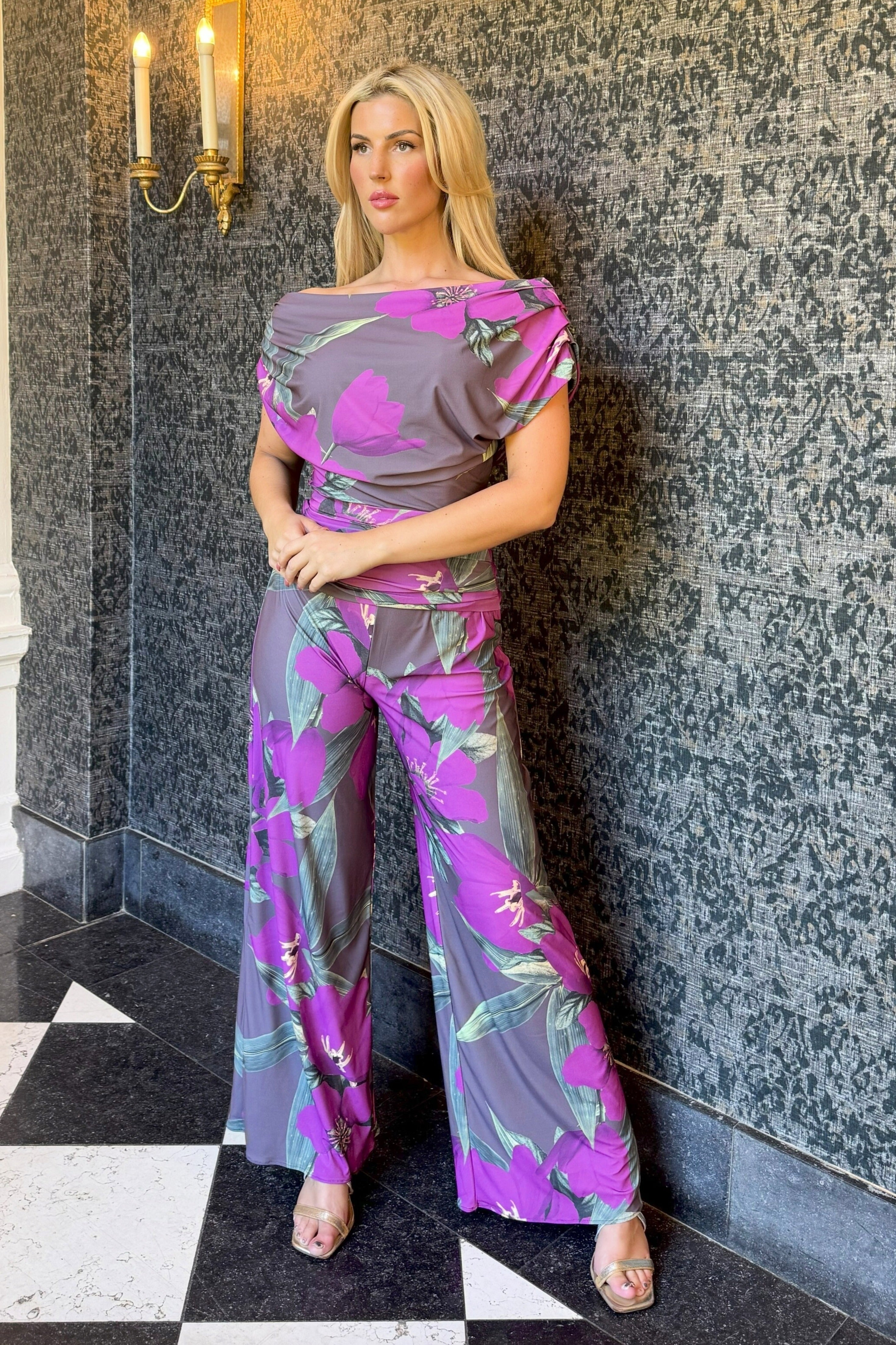 Carbon jumpsuit in magenta lily print
