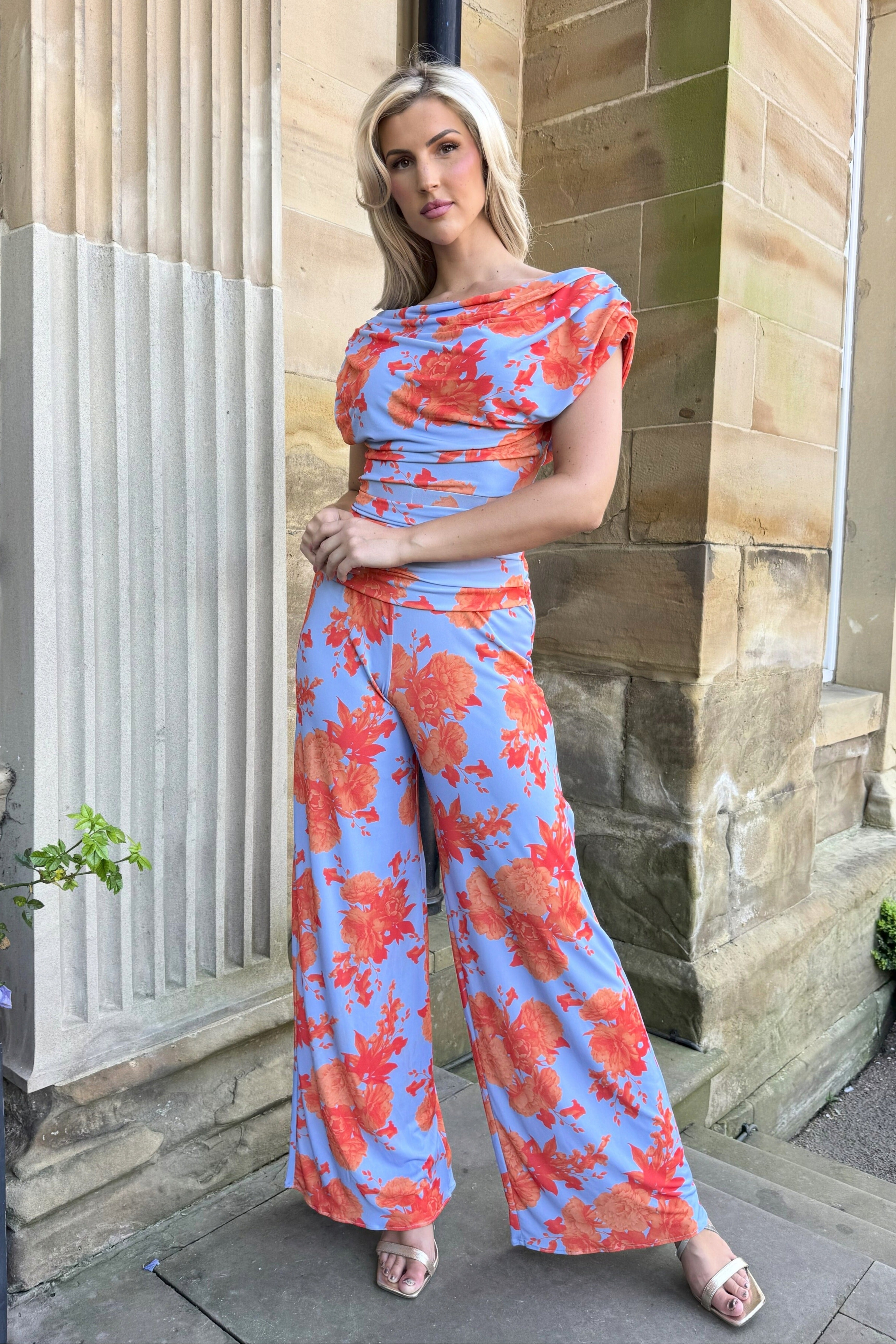 Atom Label Powder Blue & Orange Floral Carbon Jumpsuit