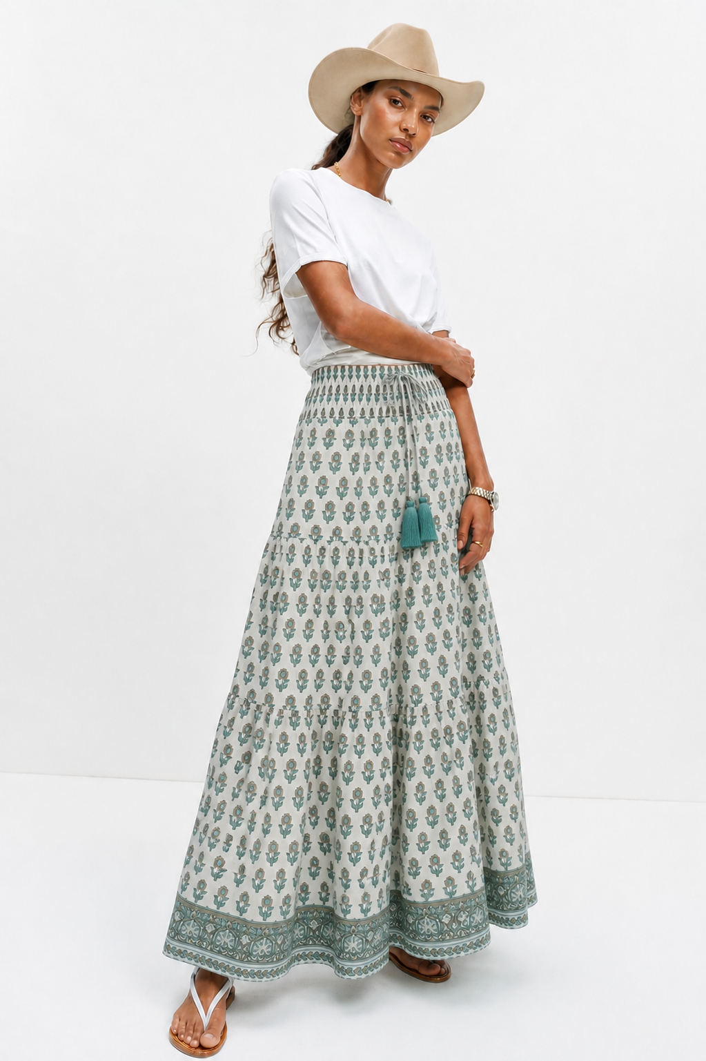 Soul Of Sita Woodblock Printed Cotton Voile Maxi Skirt With Border Print.