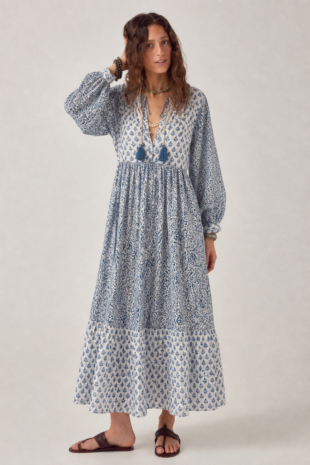 Soul Of Sita Woodblock Printed Cotton Voile Dress In Blue And White Print With Button Bodice With Ties.