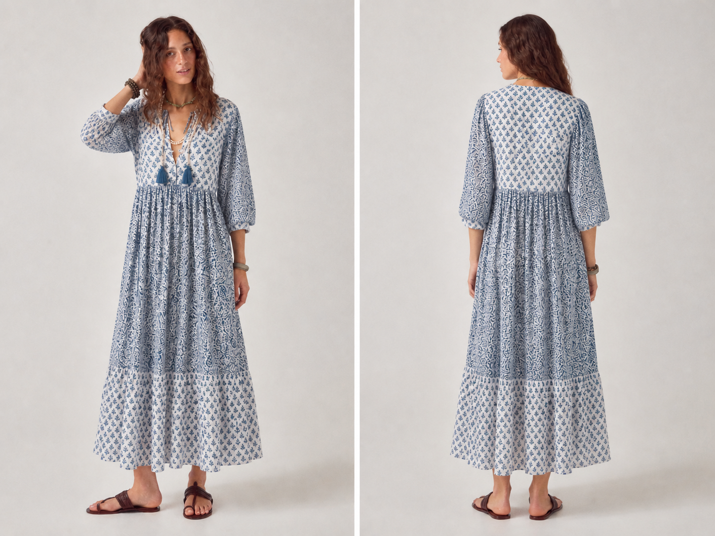 Soul Of Sita Woodblock Printed Cotton Voile Dress In Blue And White Print With Button Bodice With Ties.