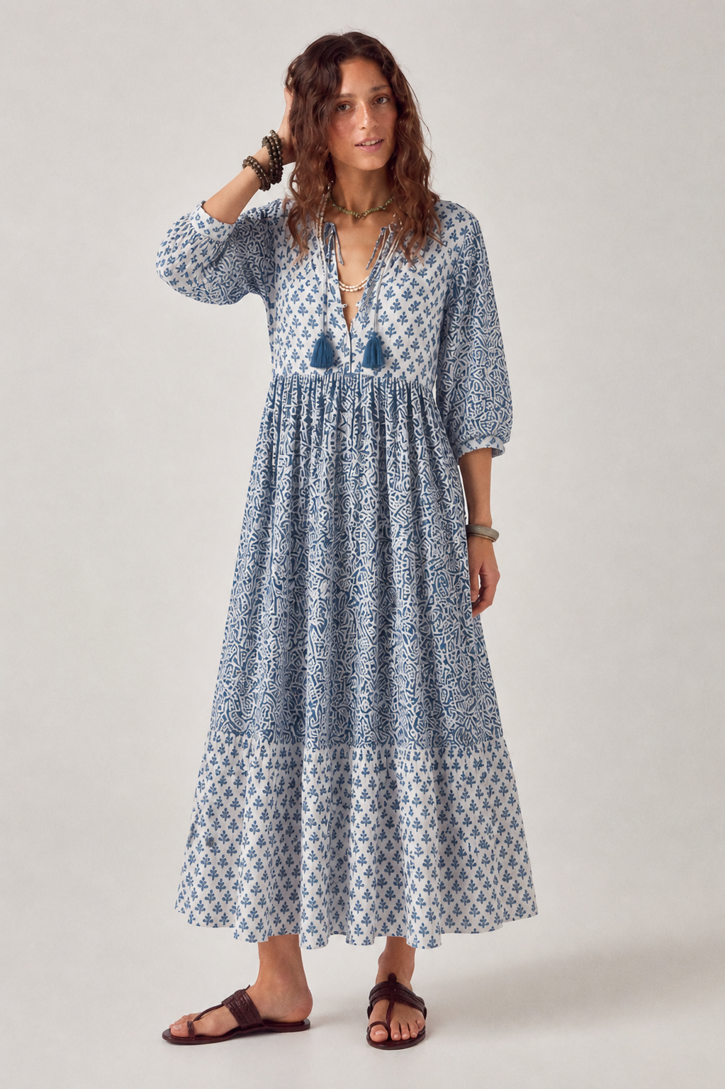 Soul Of Sita Woodblock Printed Cotton Voile Dress In Blue And White Print With Button Bodice With Ties.