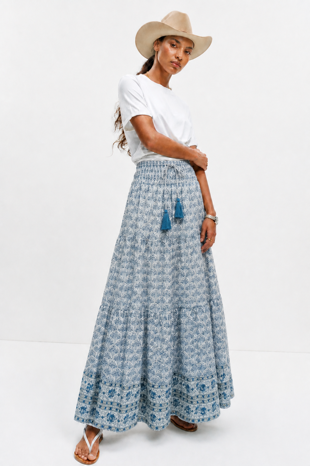 Soul Of Sita Adalyn Pattern Maxi Woodblock Printed Skirt In Blue