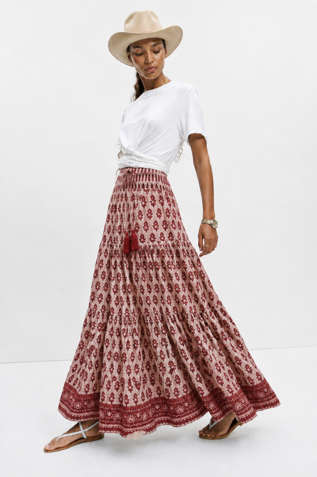 Soul Of Sita Adalyn Pink Wood Blocked Printed Gypsy Skirt Long
