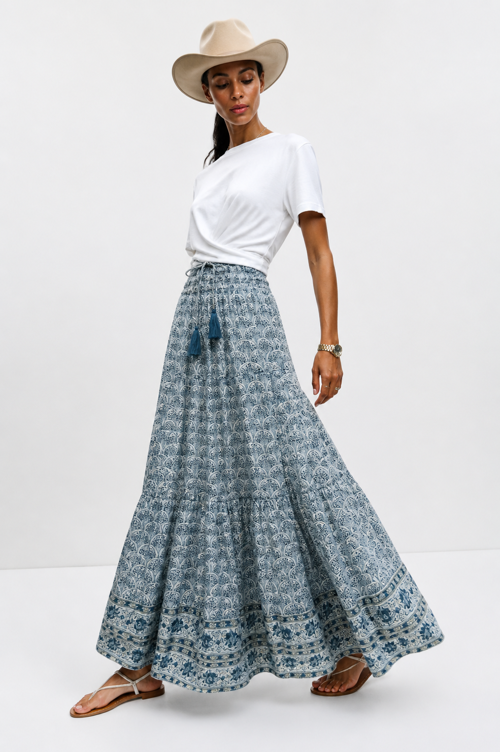 Soul Of Sita Adalyn Pattern Maxi Woodblock Printed Skirt In Blue