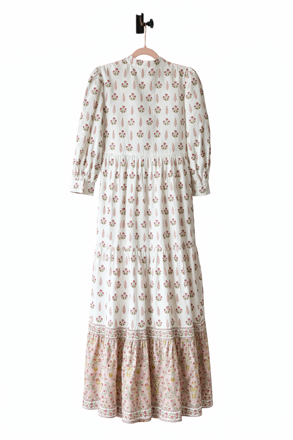 Soul Of Sita Lalita Cream Woodblock Print Maxi Dress 100% Cotton, Side Pockets And Border
