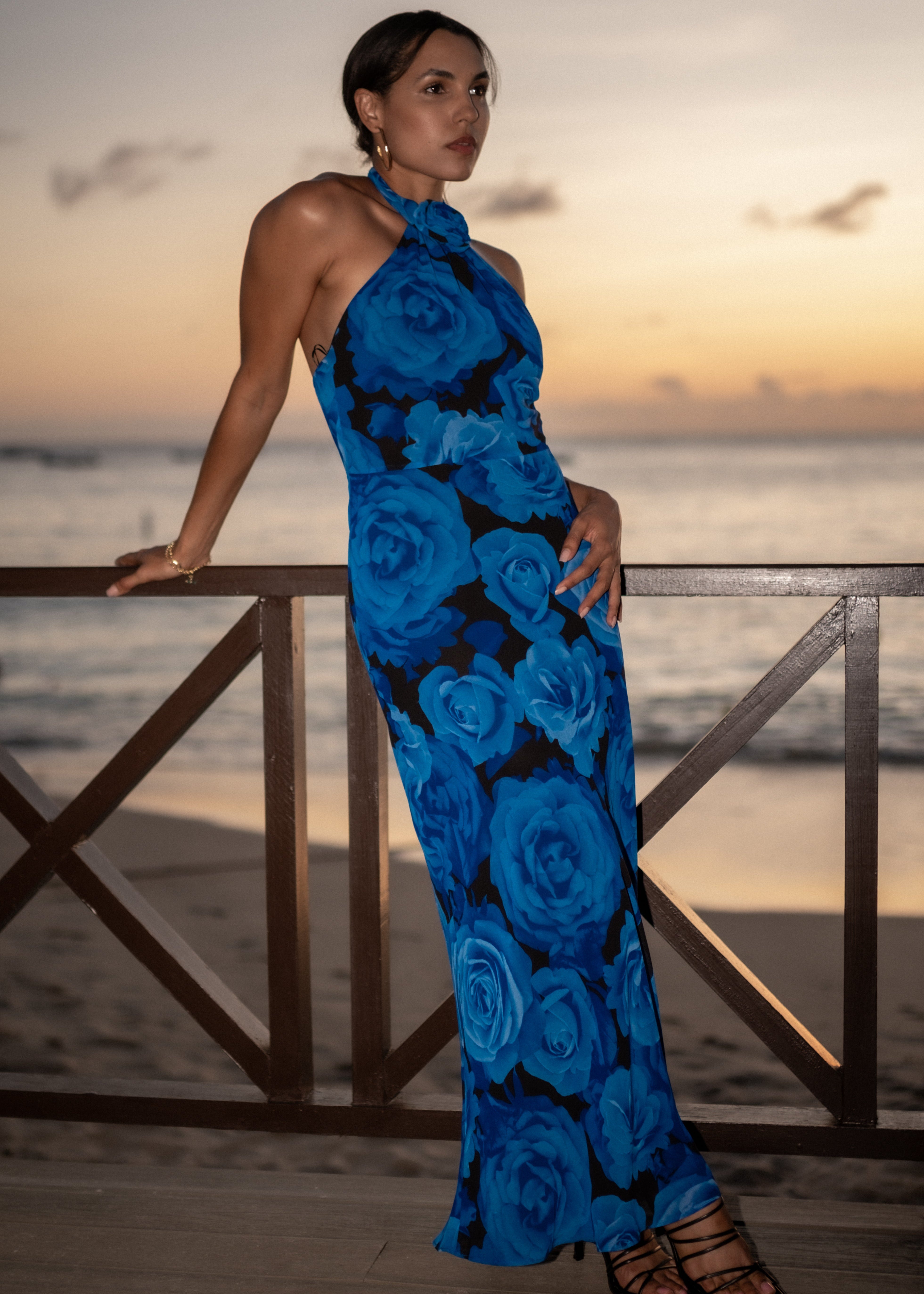 Gini London Blue Floral Occasion Halter Maxi Dress