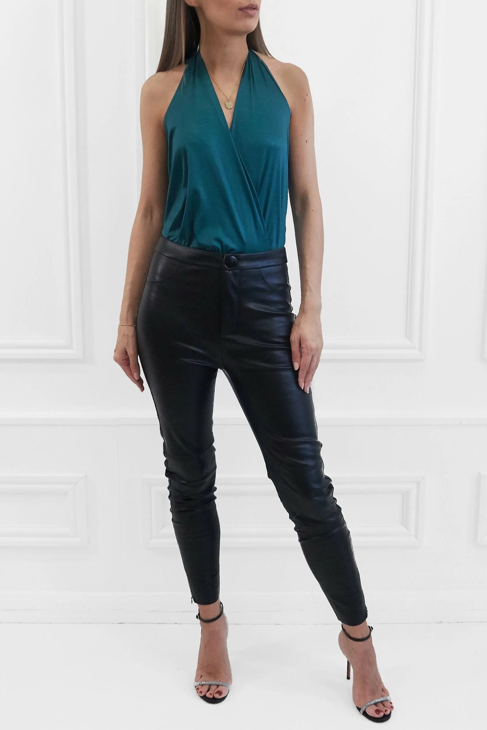 Honor Gold Elsa Green Halter Wrap Style Bodysuit Top