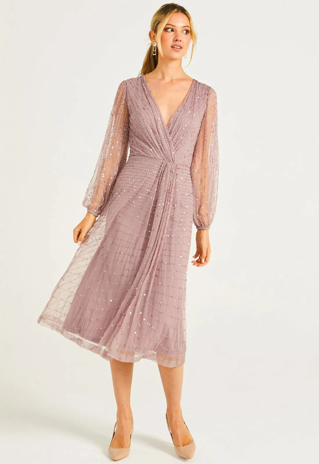 Angeleye Lavender mesh sleeve cocktail dress