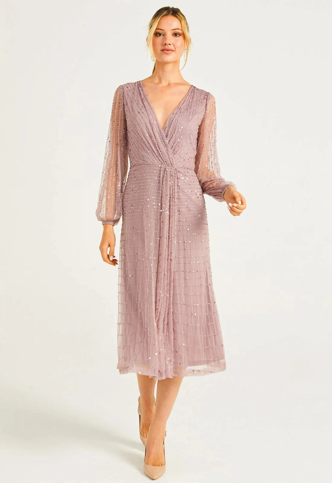 Angeleye mesh sleeve cocktail dress in lavender