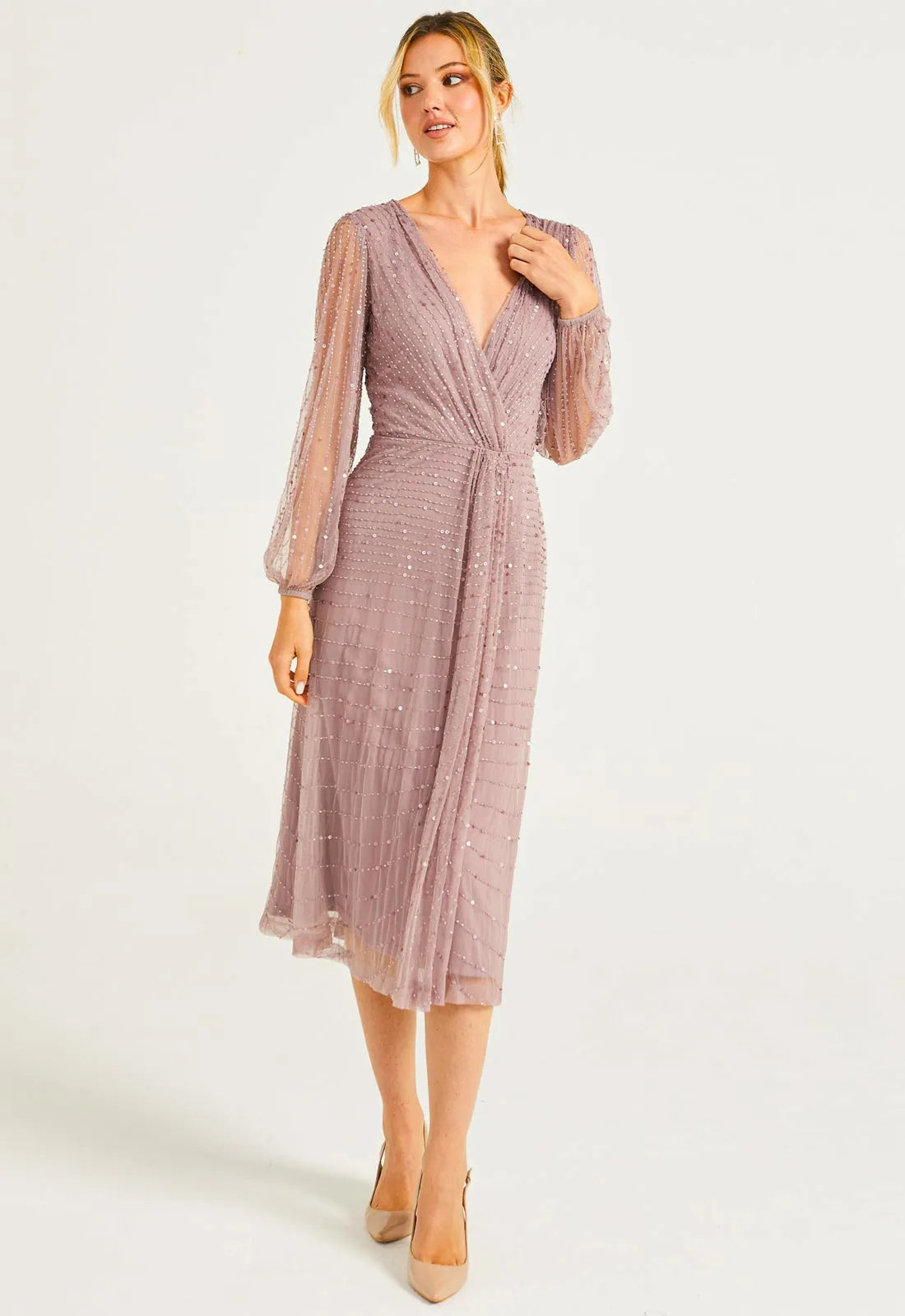 AngelEye Lavender Mesh Sleeve Sequin Dress