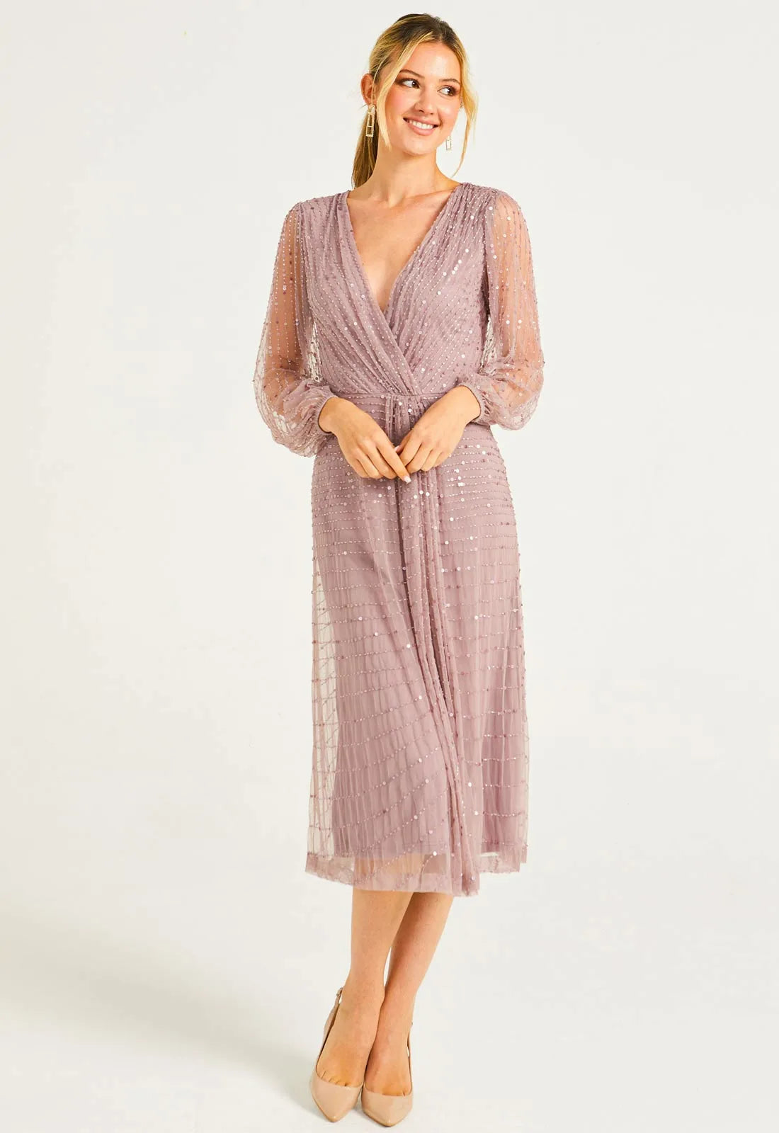 AngelEye Lavender Mesh Sleeve Sequin Dress