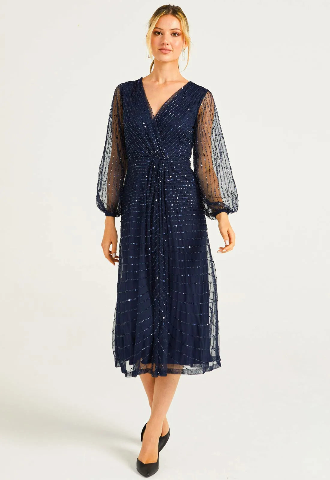 Navy Cocktail dress with sheer sleeves by Angeleye