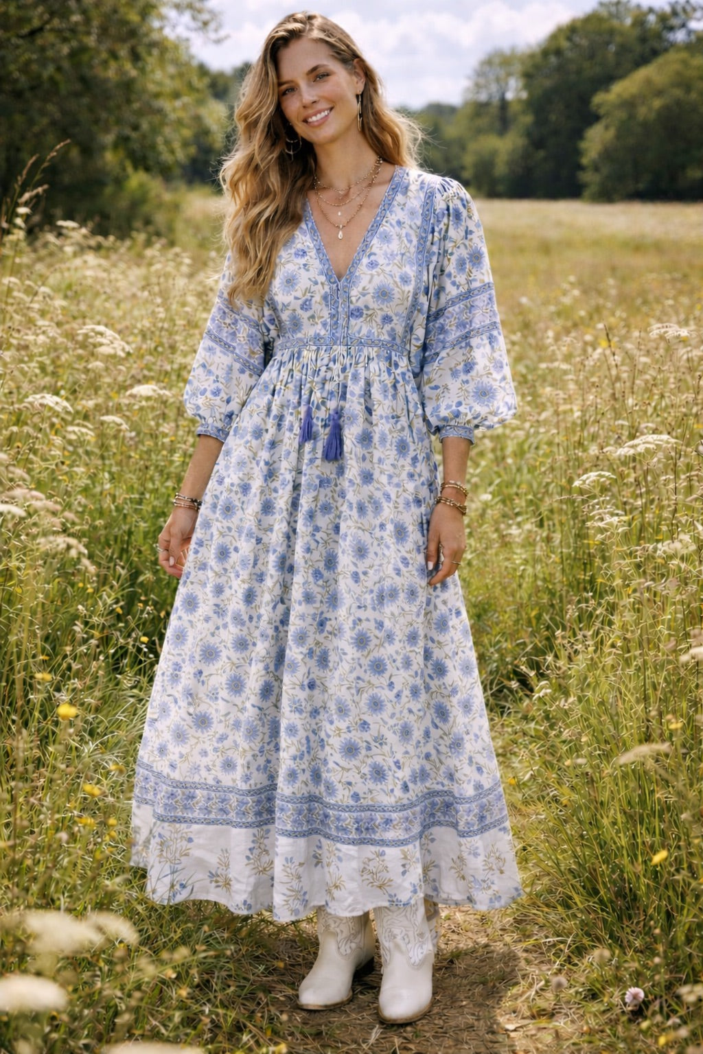 Soul Of Sita Amelia San Floral In Blue/Green Floaty Sleeve Maxi Folk Dress In Woodblock Print