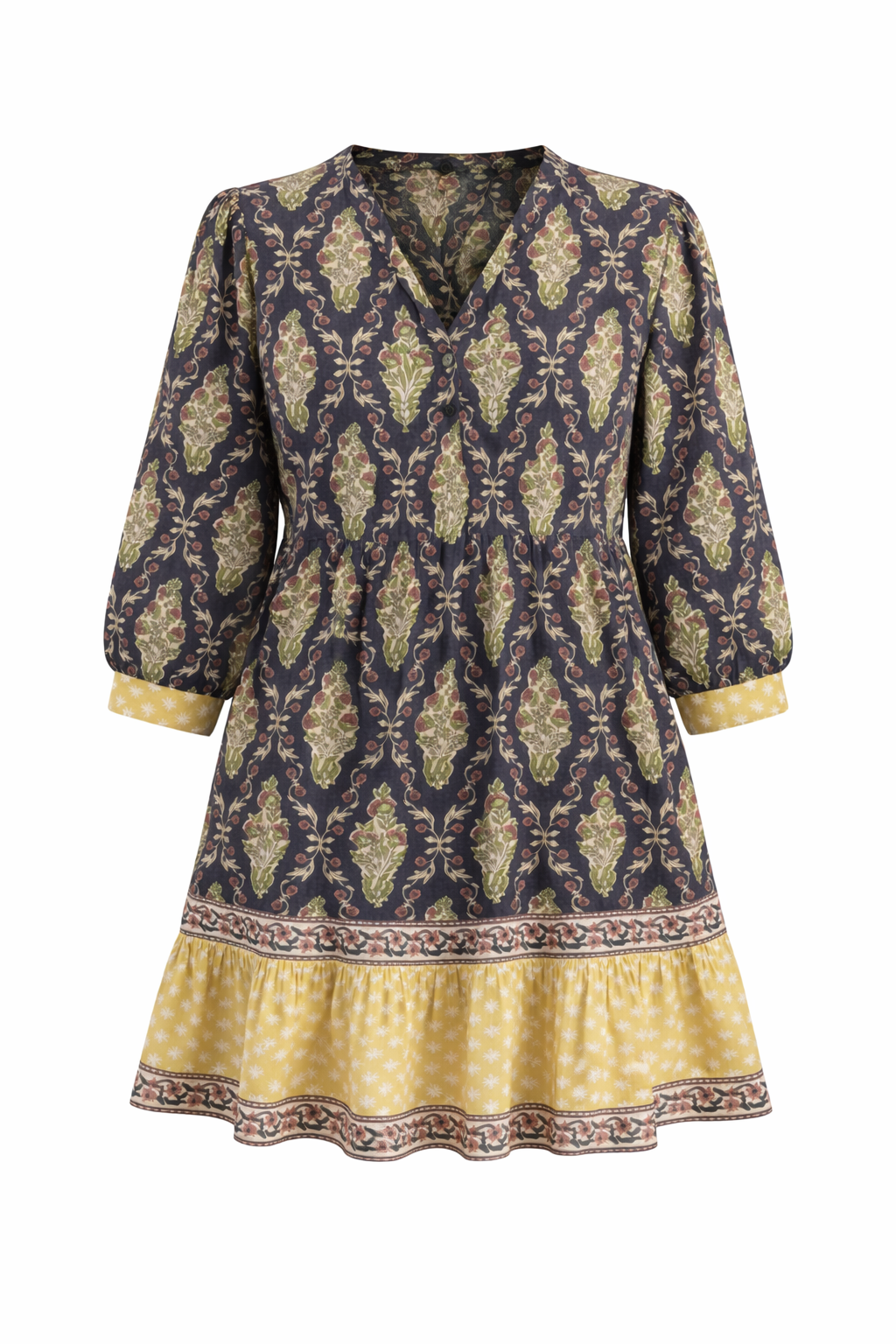 Soul Of Sita Bella Inky Knee Length Wood Block Printed Dress With Contrast Border. 100% Cotton With Pockets And Shell Buttons