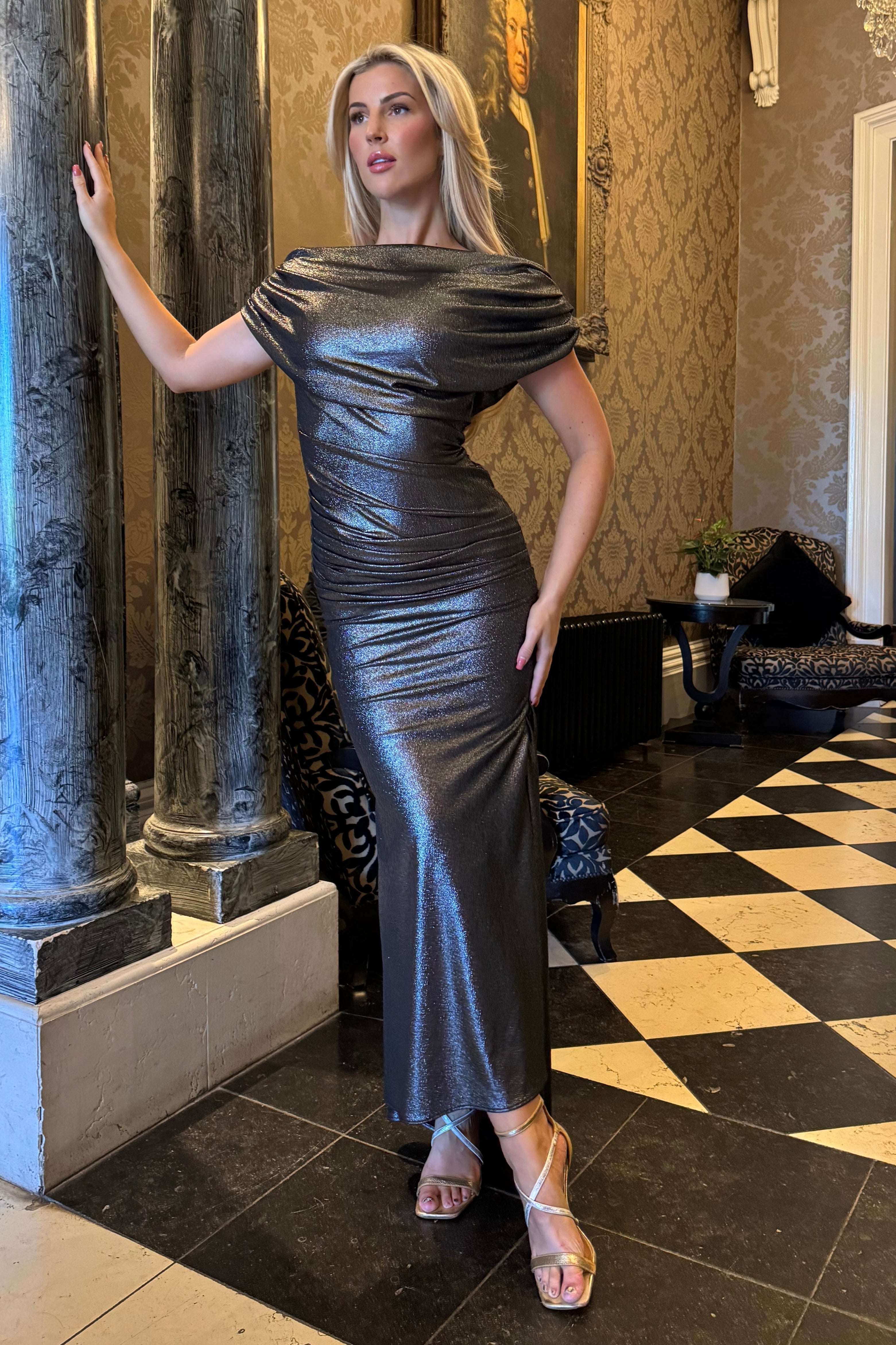 Platinum gown in gunmetal shimmer