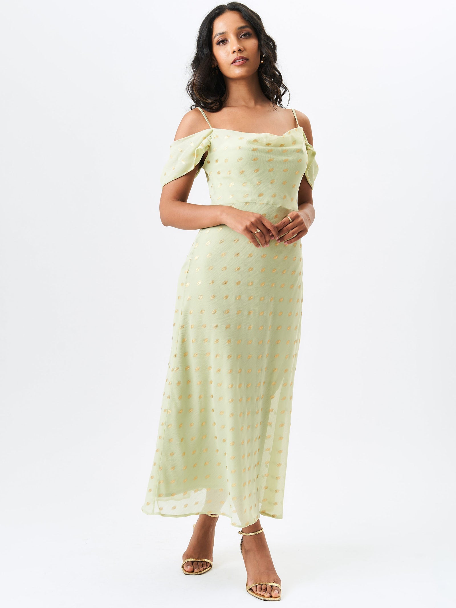 Gini London Sage Green Cowl Neck Drop Sleeves Foil Maxi Dress