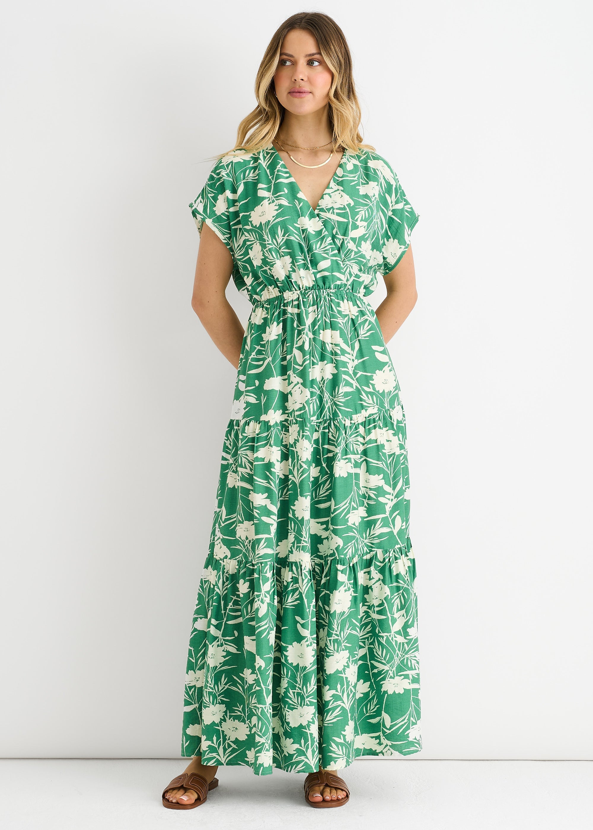 Gini London Green Floral Elastic Waist Maxi Dress